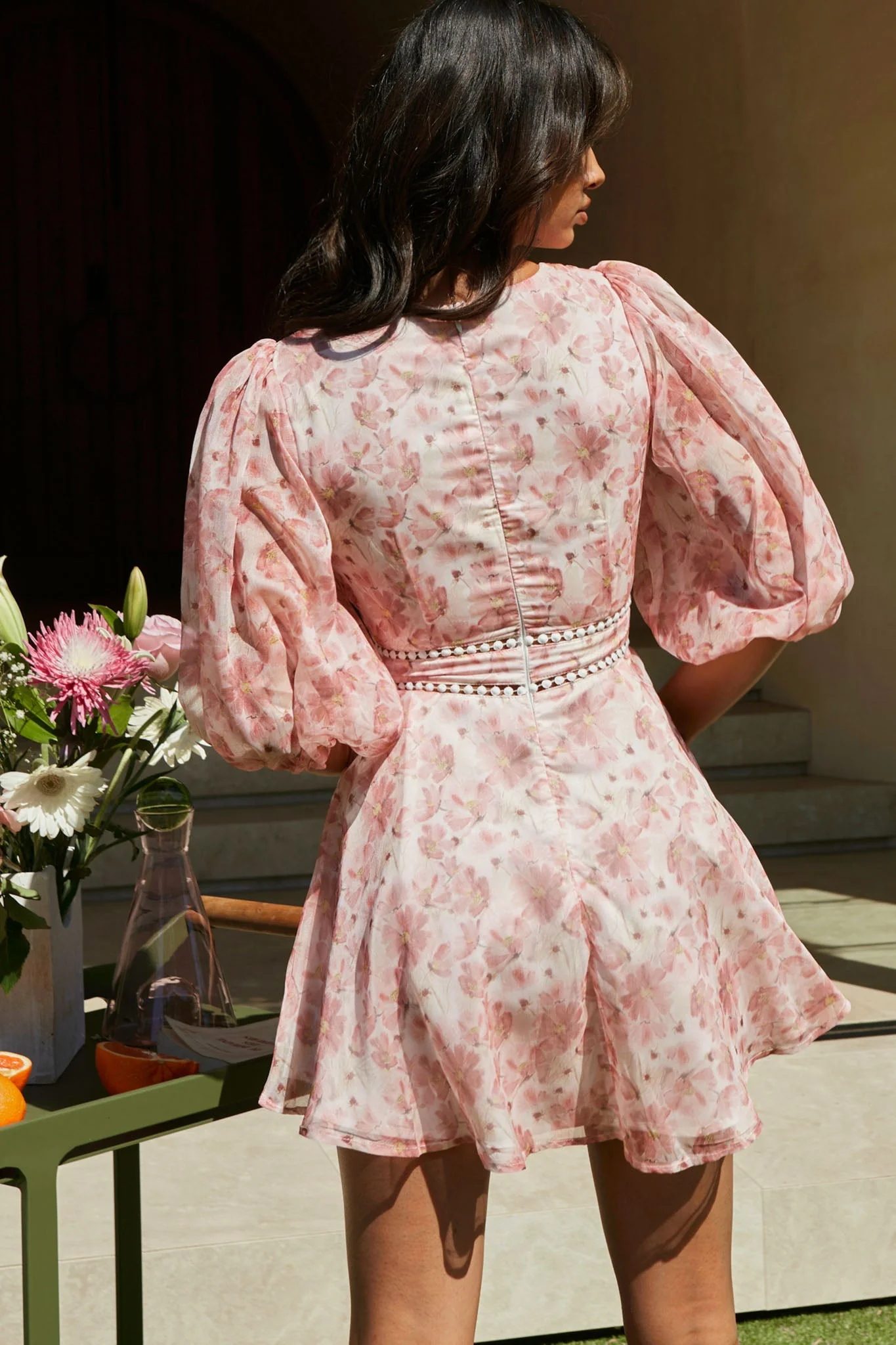 Carson Balloon Sleeve Crochet Trim Detail Dress Floral Print Pink - Image 3