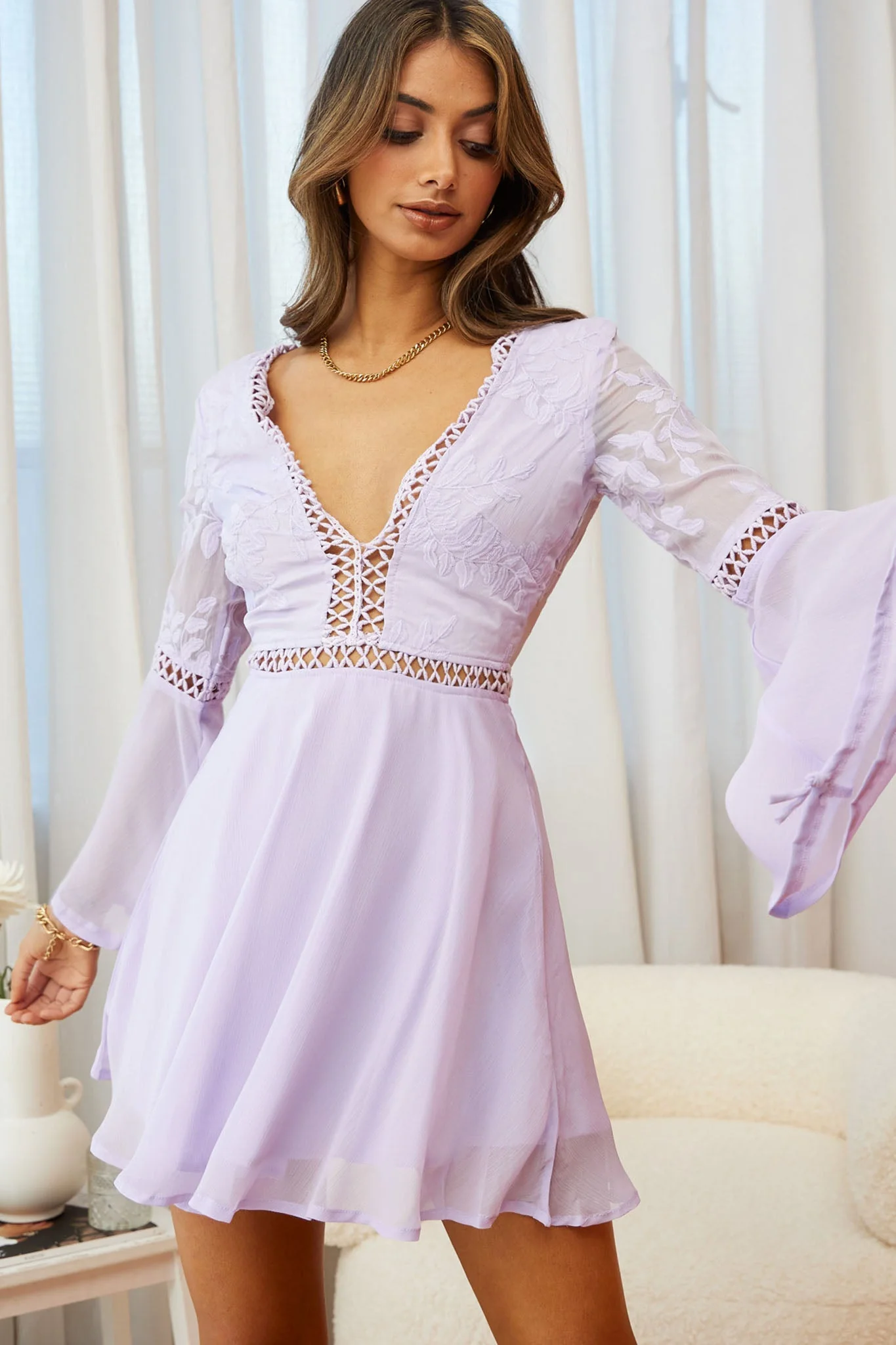 Carson Long Sleeve Crochet Embroidery Detail Dress Lilac - Image 4