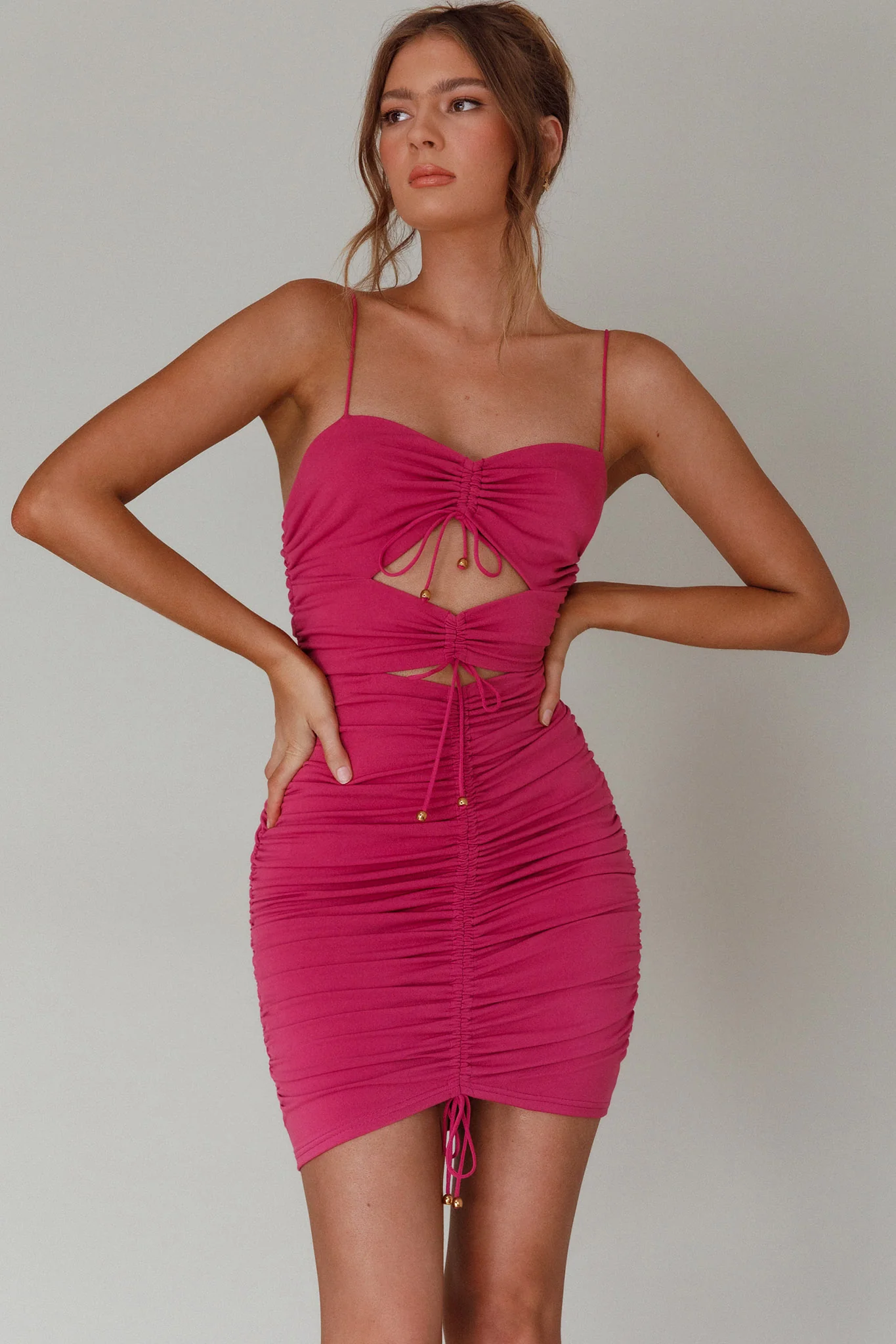 Casanova Ruched String-Tie Dress Fuchsia - Image 3