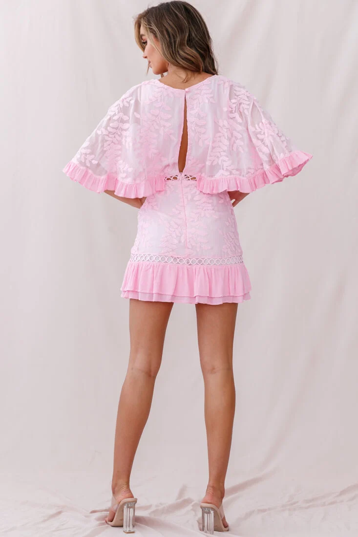 Caspar Leafy Embroidered Dress Baby Pink - Image 3
