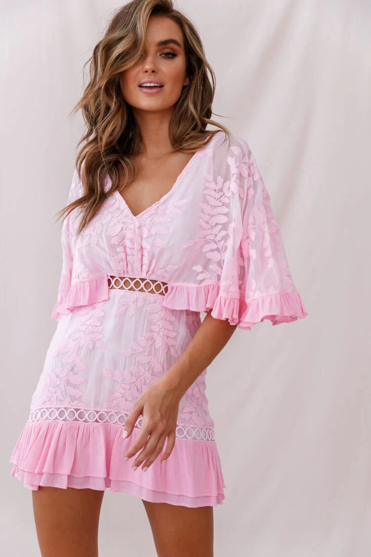 Caspar Leafy Embroidered Dress Baby Pink - Image 5