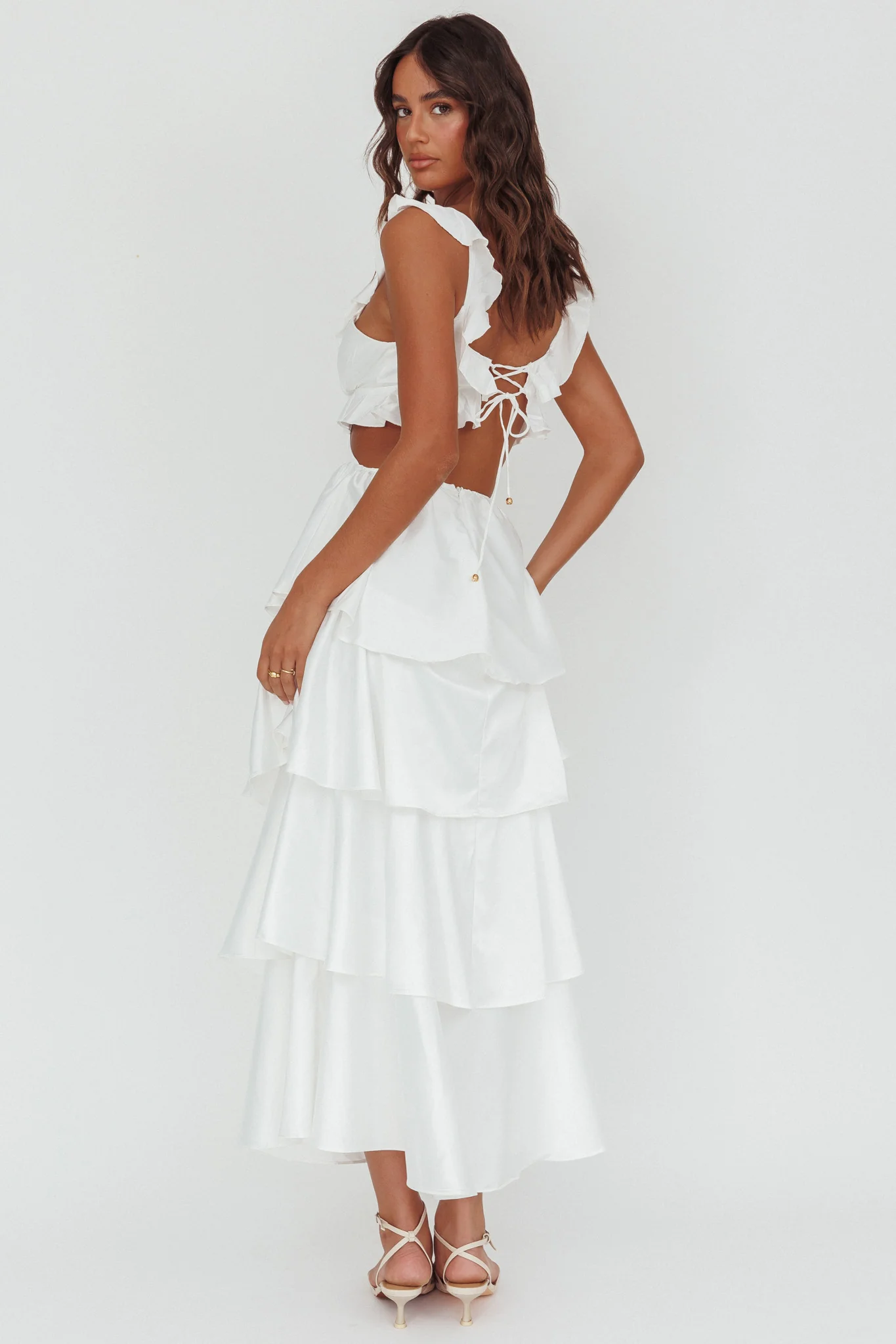 Catalina Tiered Ruffle Cut-Out Maxi Dress White - Image 2