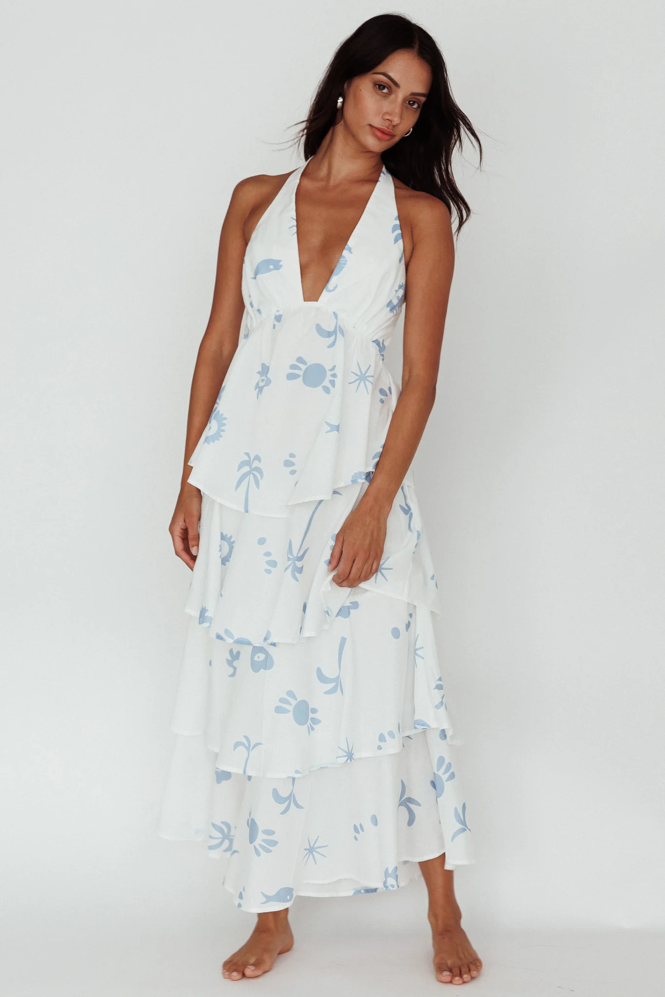 Catalina Tiered Ruffle Maxi Dress White Blue - Image 3