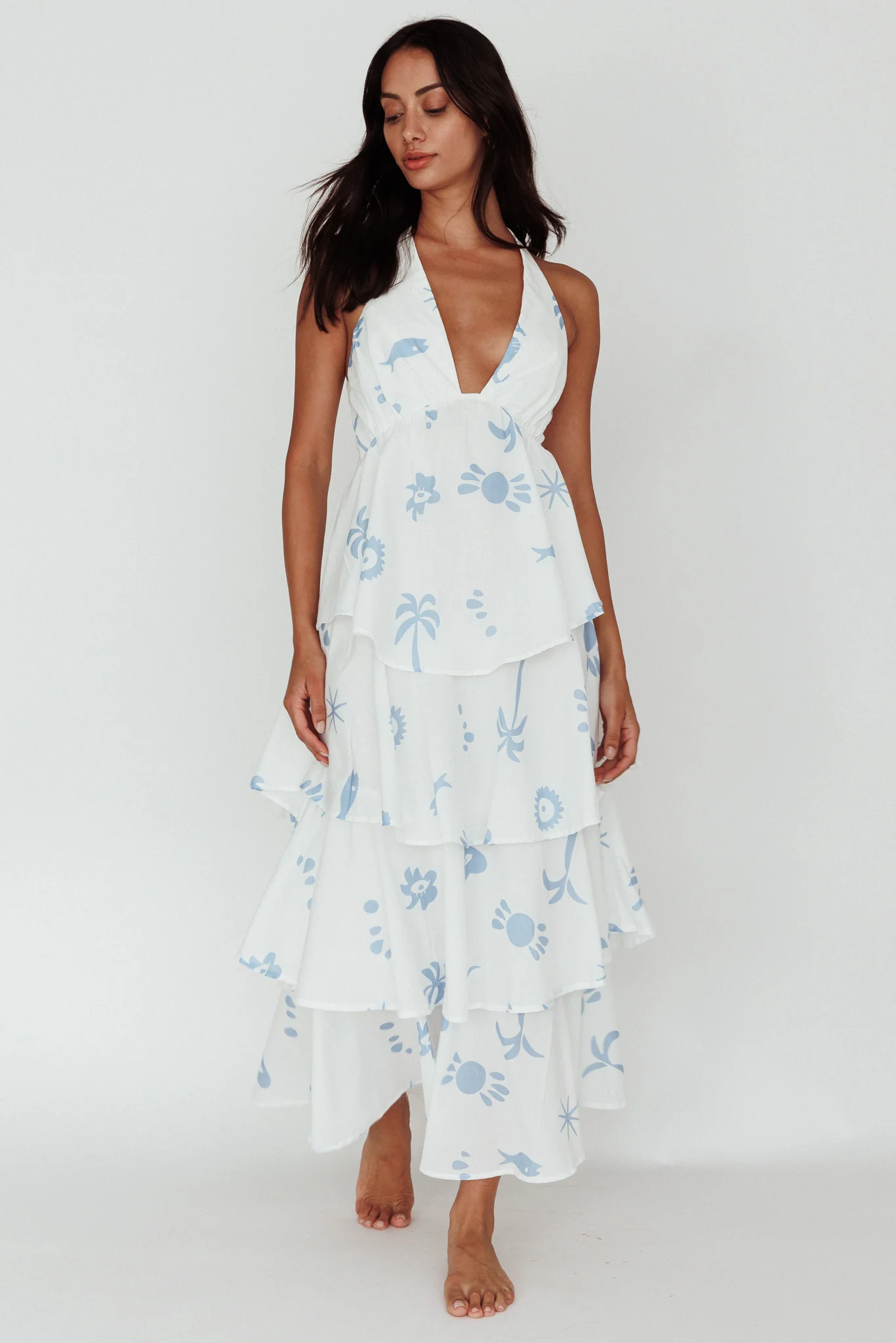 Catalina Tiered Ruffle Maxi Dress White Blue - Image 5