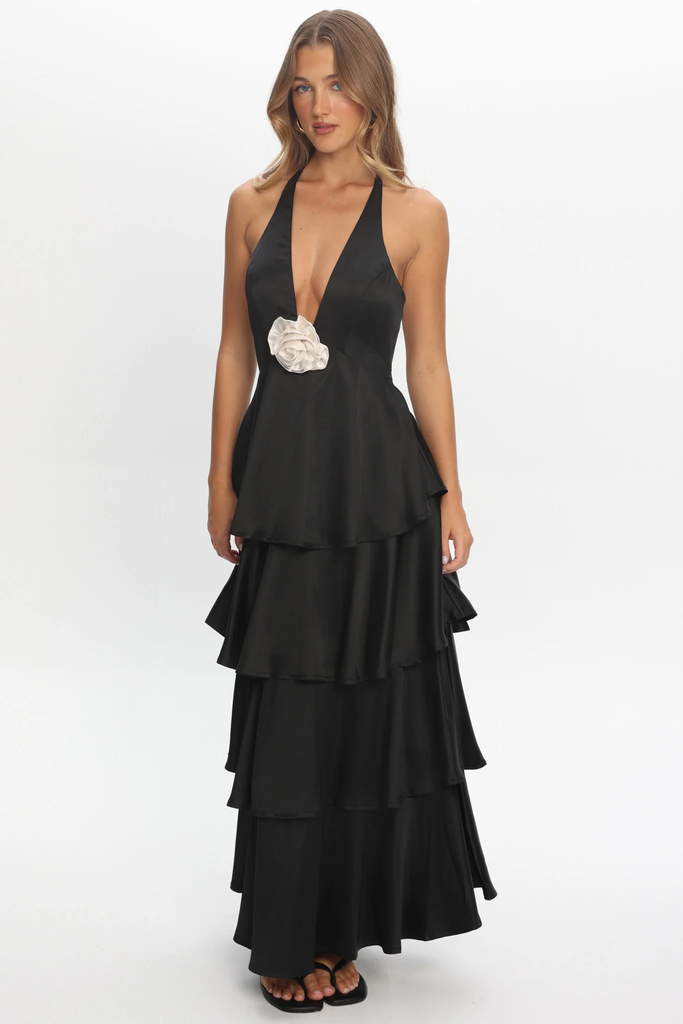 Catalina Tiered Ruffle Rosette Maxi Dress Black - Image 5