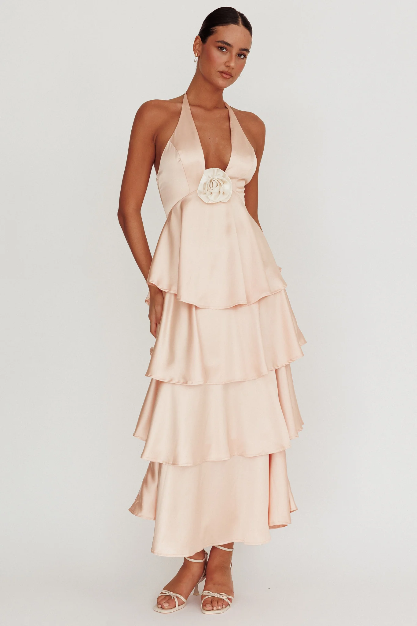 Catalina Tiered Ruffle Rosette Maxi Dress Peach - Image 6