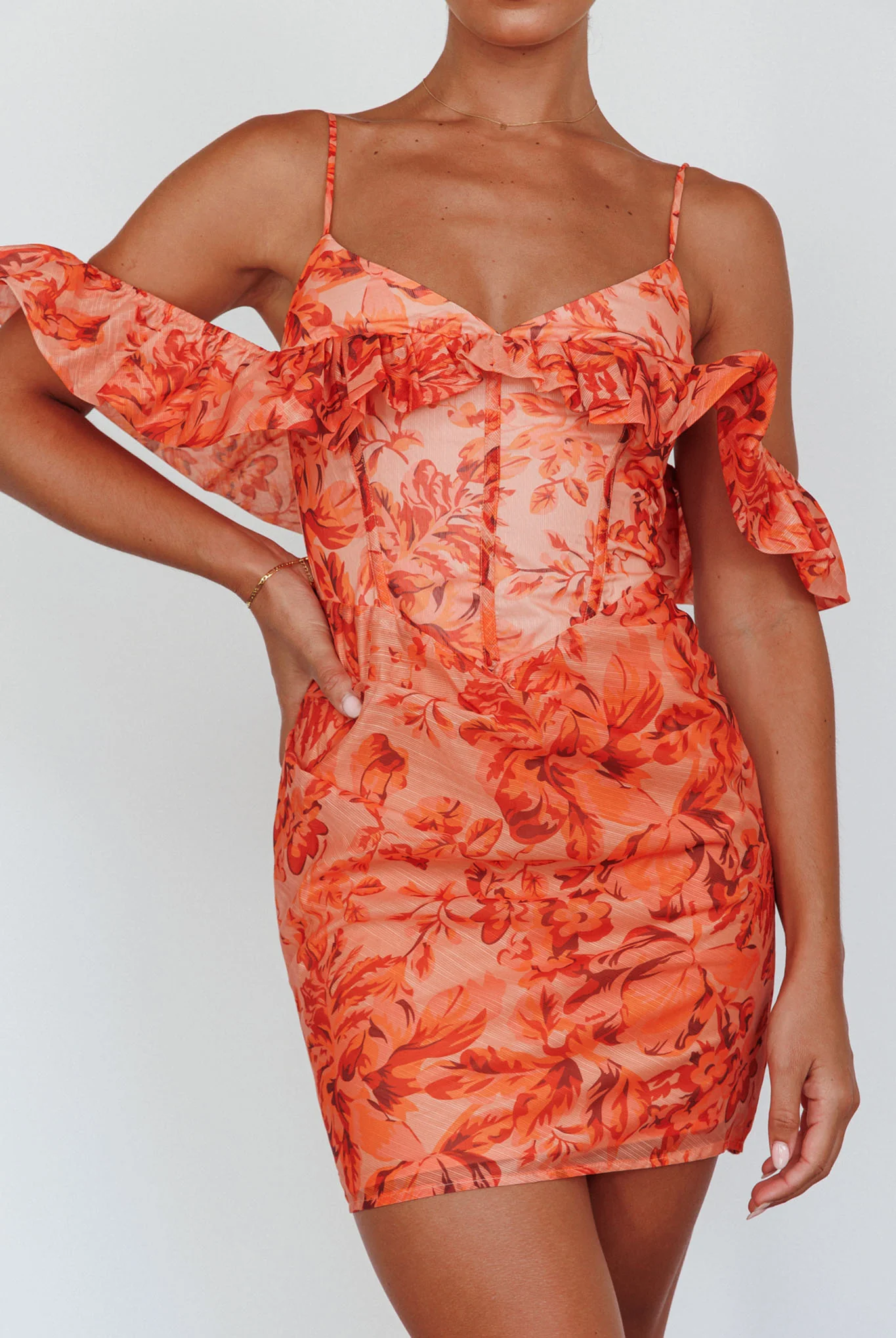 Catania Off-Shoulder Ruffle Mini Dress Floral Orange - Image 4