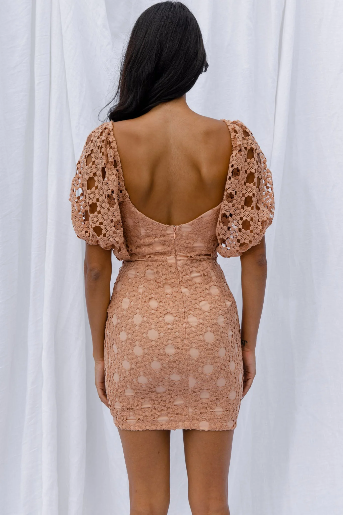 Catch Feelings Sweetheart Neckline Crochet Lace Overlay Dress Mocha - Image 2