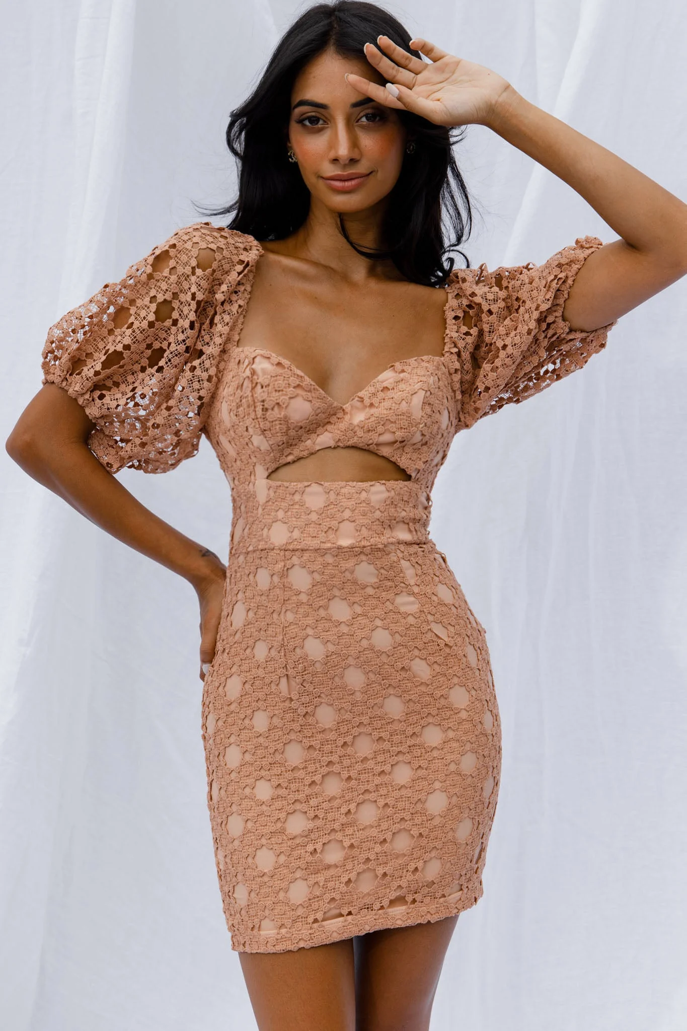 Catch Feelings Sweetheart Neckline Crochet Lace Overlay Dress Mocha - Image 4