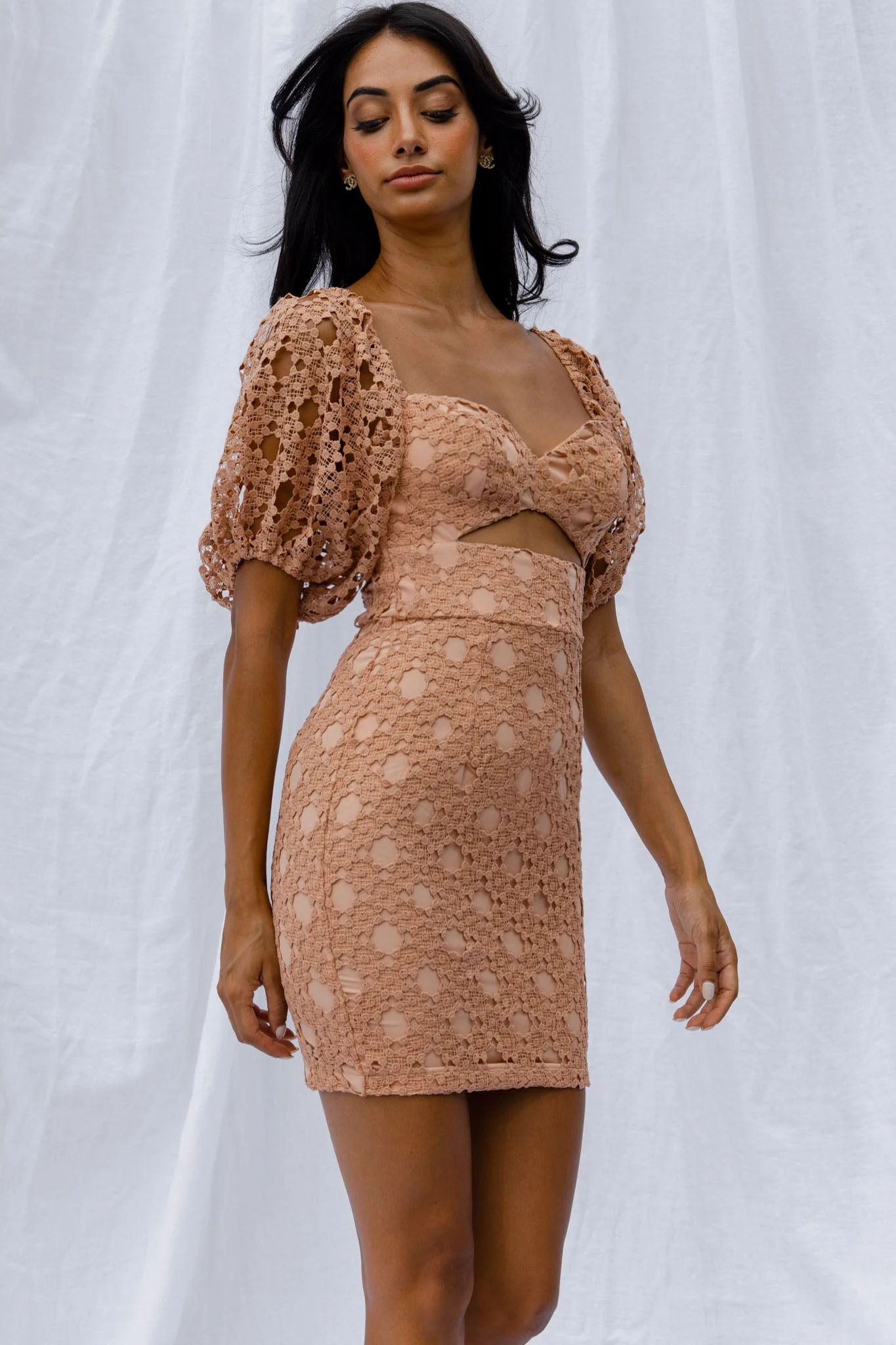Catch Feelings Sweetheart Neckline Crochet Lace Overlay Dress Mocha - Image 8