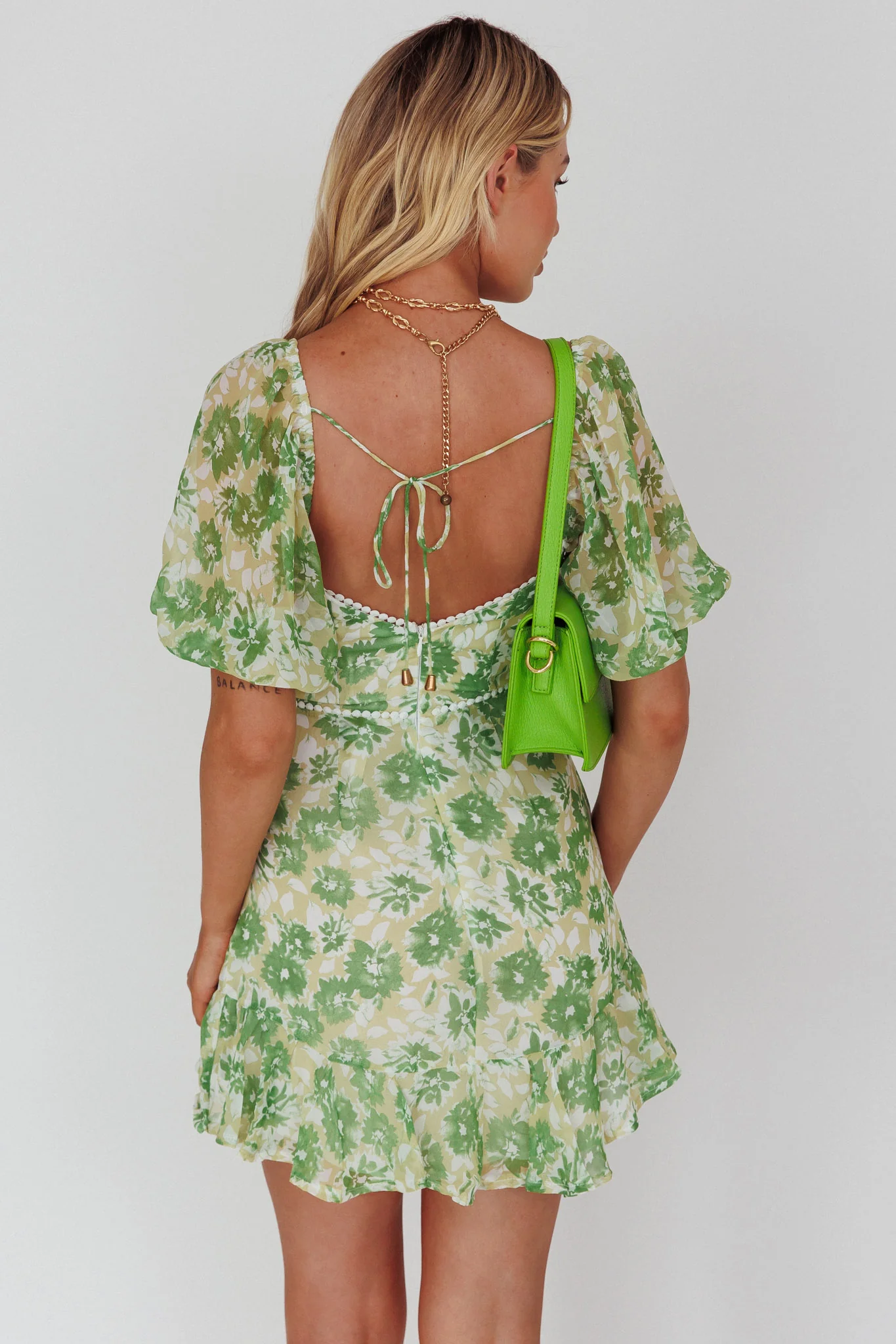 Catch Feelings Sweetheart Neckline Dot Trim Dress Floral Green - Image 2