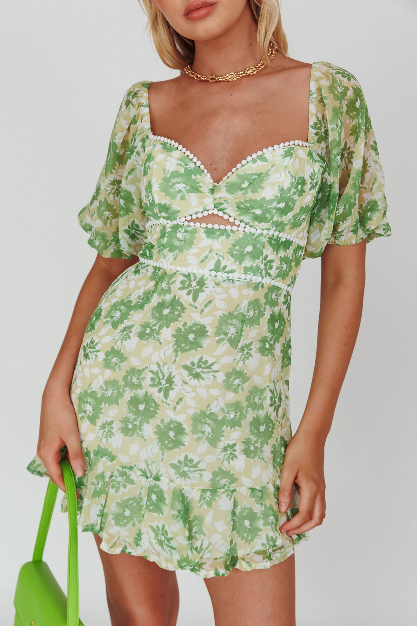 Catch Feelings Sweetheart Neckline Dot Trim Dress Floral Green - Image 4