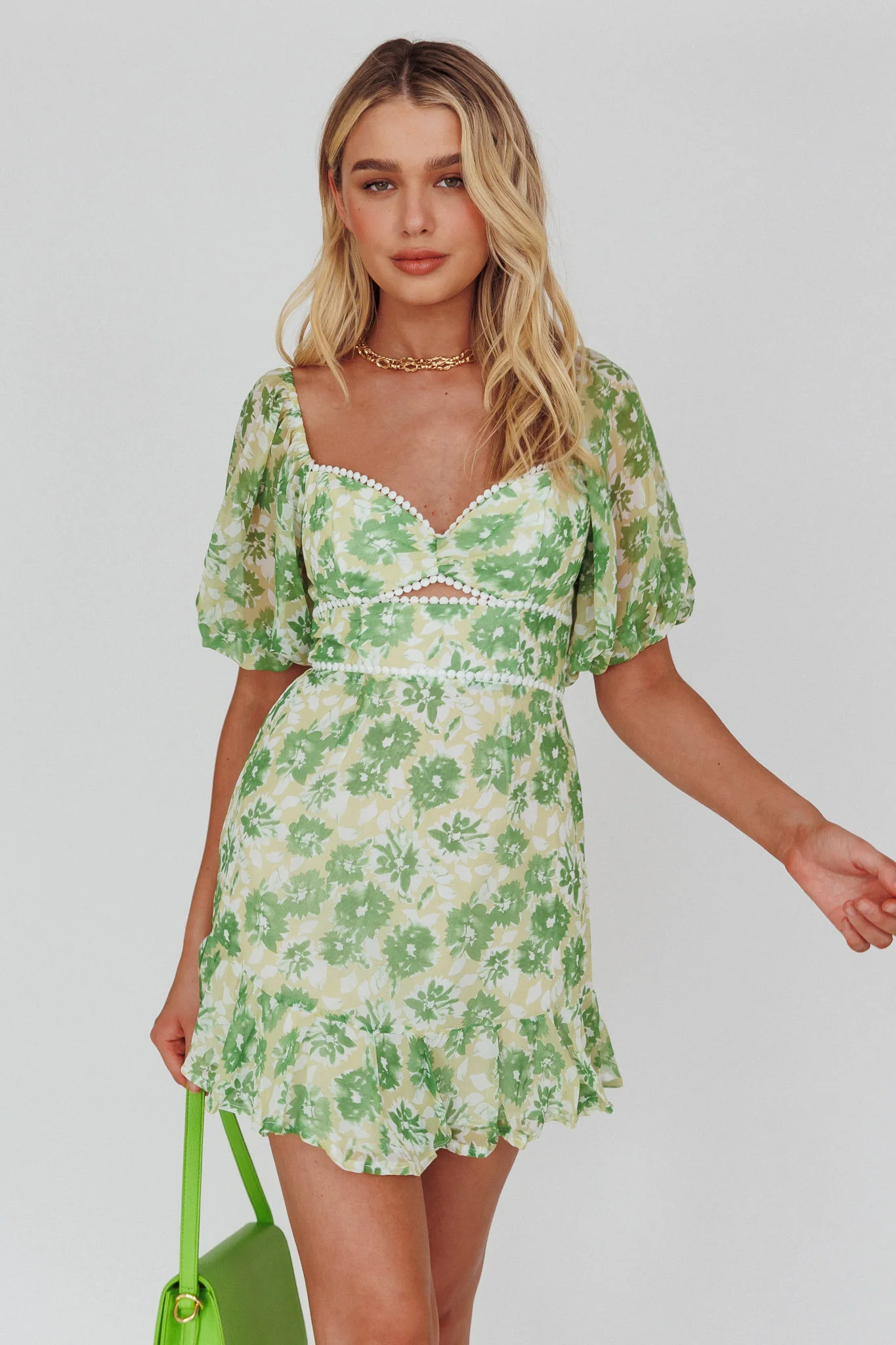 Catch Feelings Sweetheart Neckline Dot Trim Dress Floral Green - Image 5