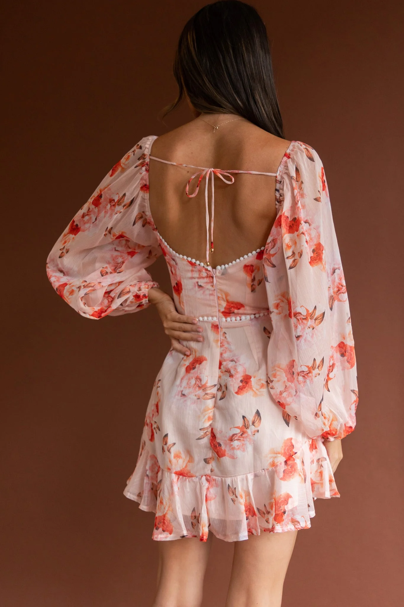 Catch Feelings Sweetheart Neckline Dot Trim Dress Rose Print Orange - Image 3