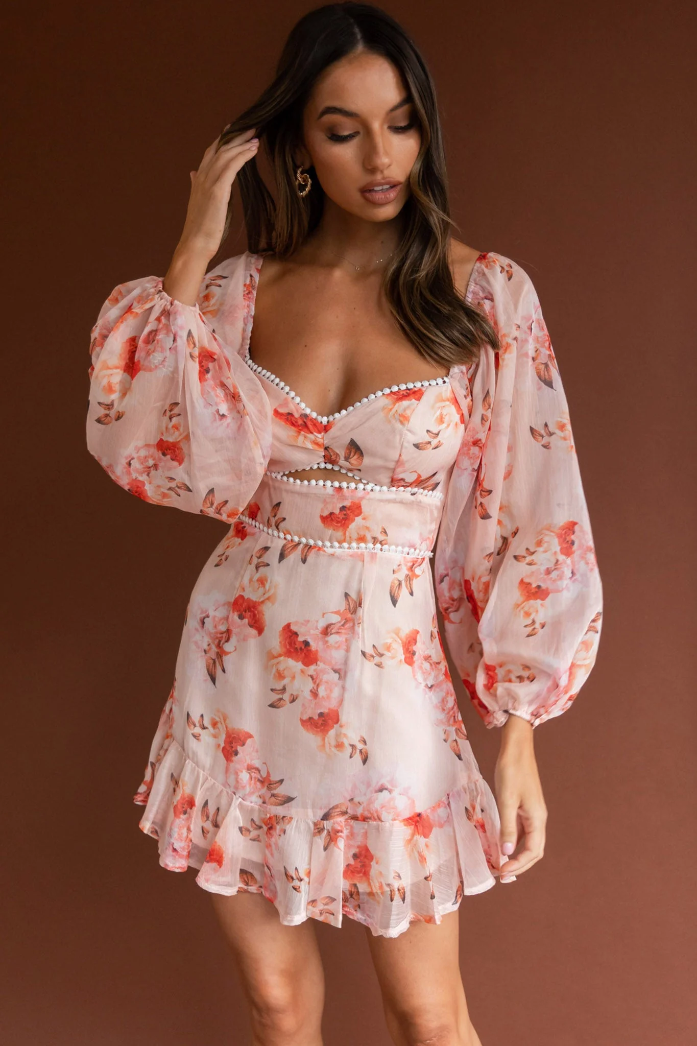 Catch Feelings Sweetheart Neckline Dot Trim Dress Rose Print Orange - Image 4