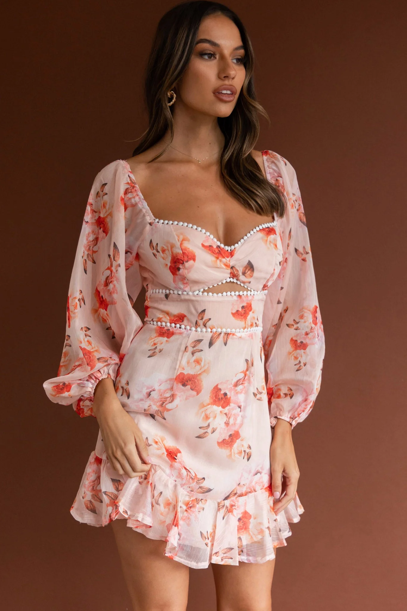 Catch Feelings Sweetheart Neckline Dot Trim Dress Rose Print Orange - Image 5