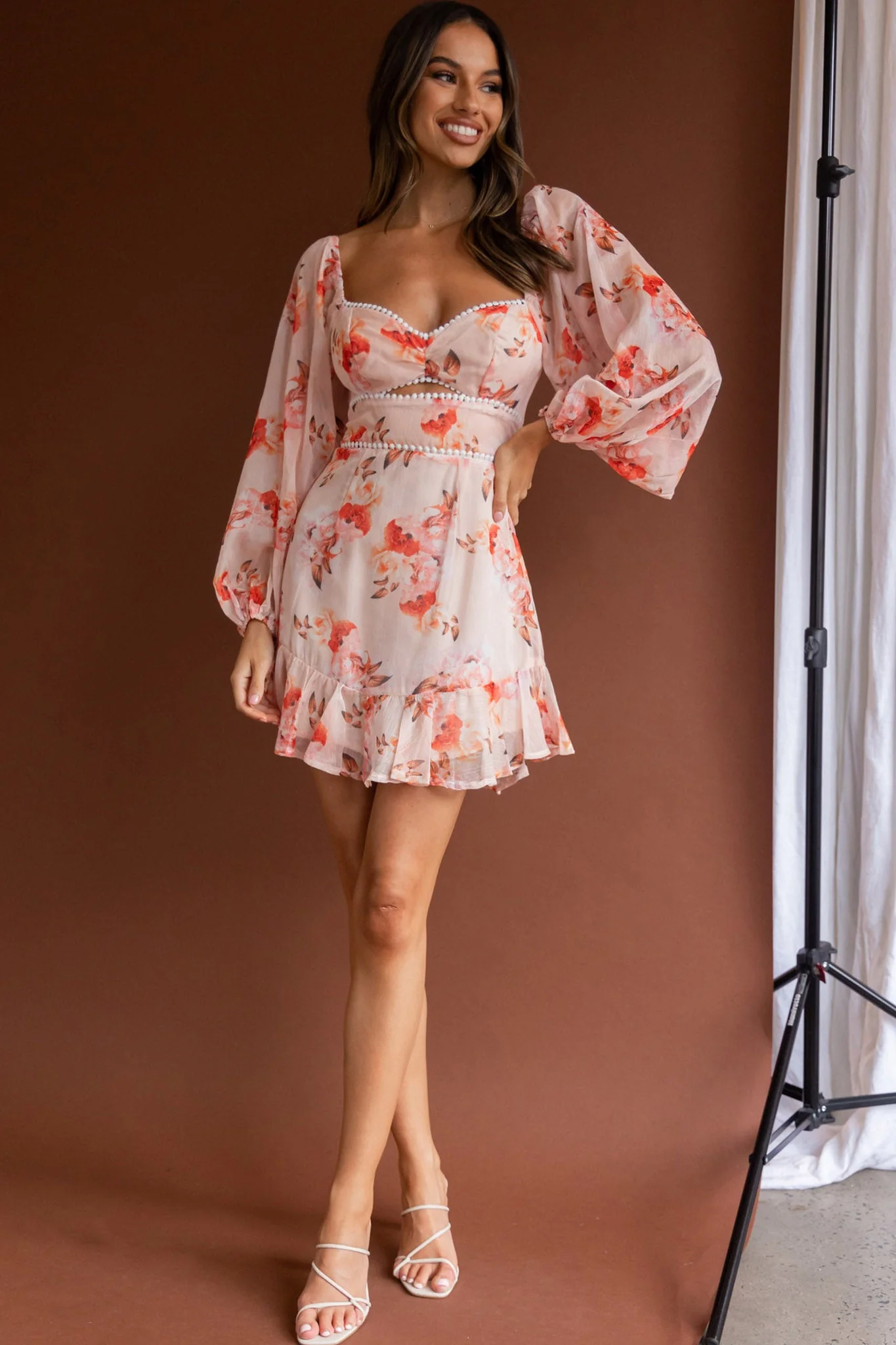 Catch Feelings Sweetheart Neckline Dot Trim Dress Rose Print Orange - Image 6