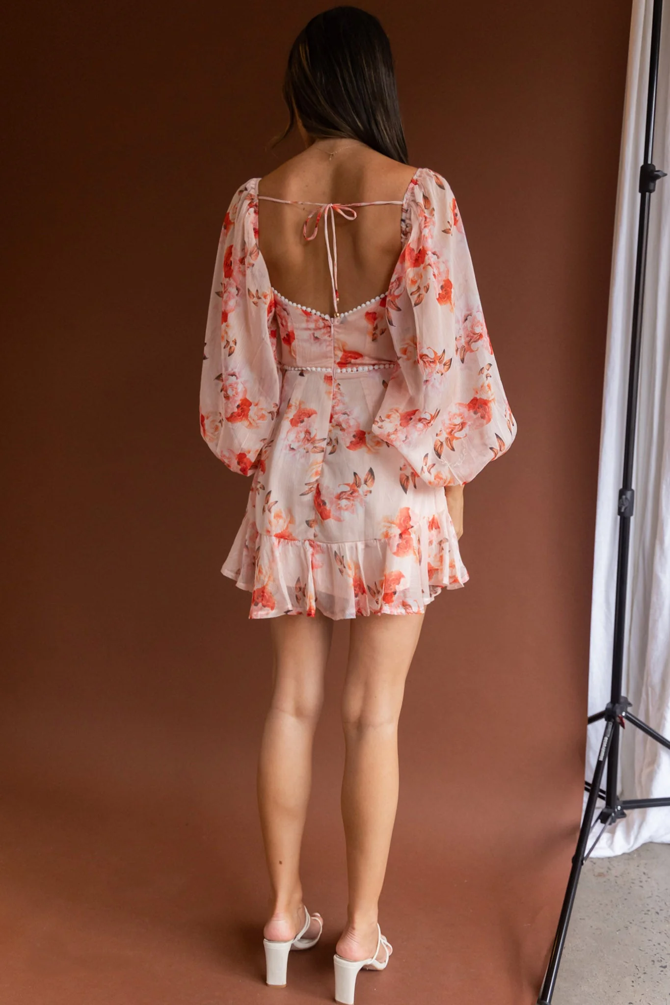 Catch Feelings Sweetheart Neckline Dot Trim Dress Rose Print Orange - Image 7