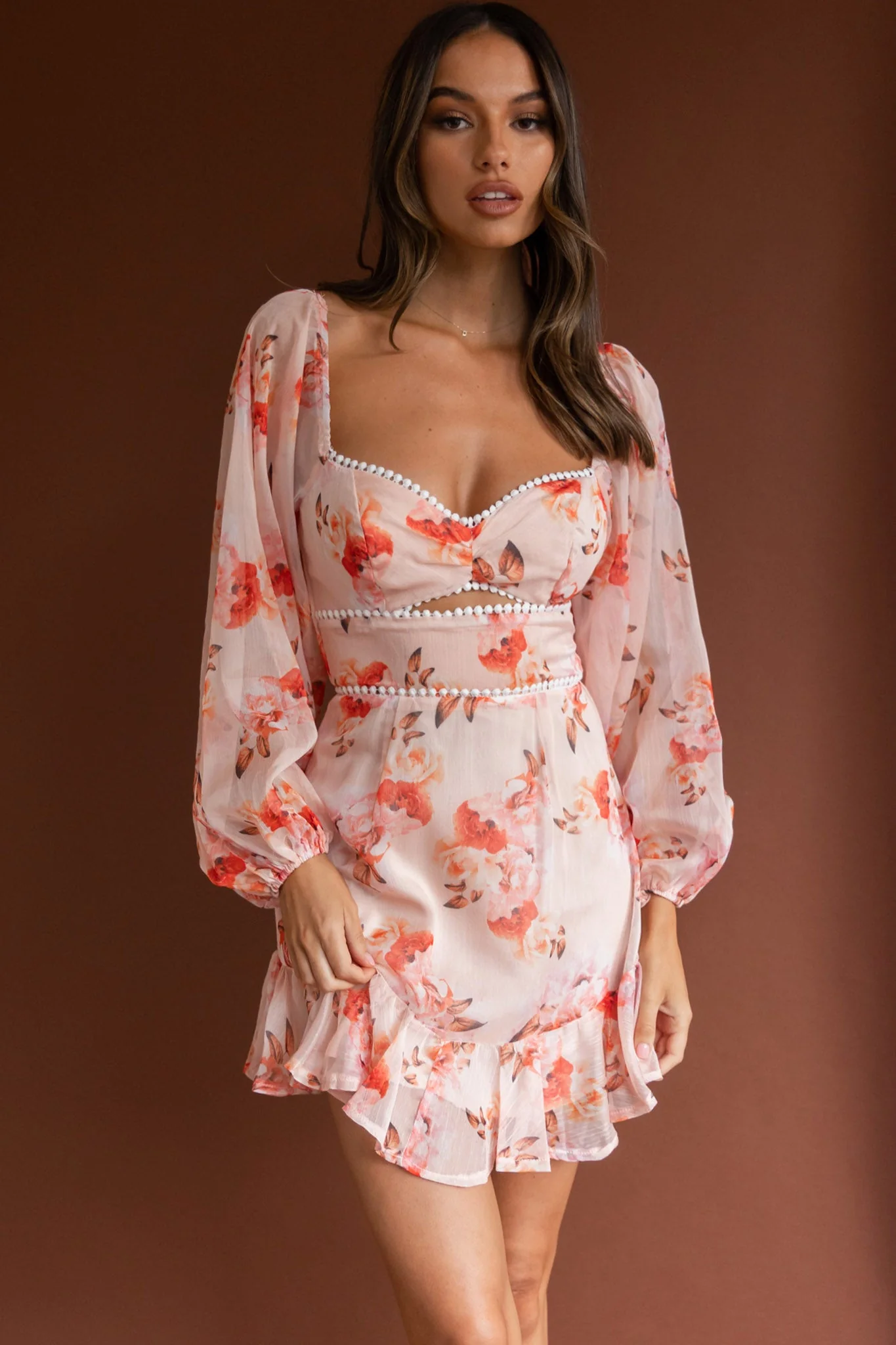 Catch Feelings Sweetheart Neckline Dot Trim Dress Rose Print Orange - Image 8