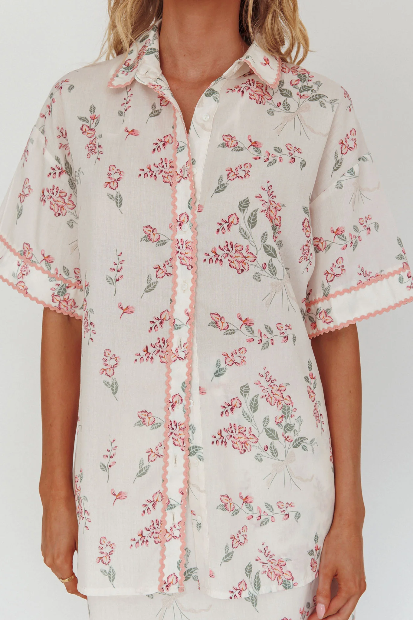 Catherina Ric-Rac Trim Button-Up Shirt Floral Pink - Image 3