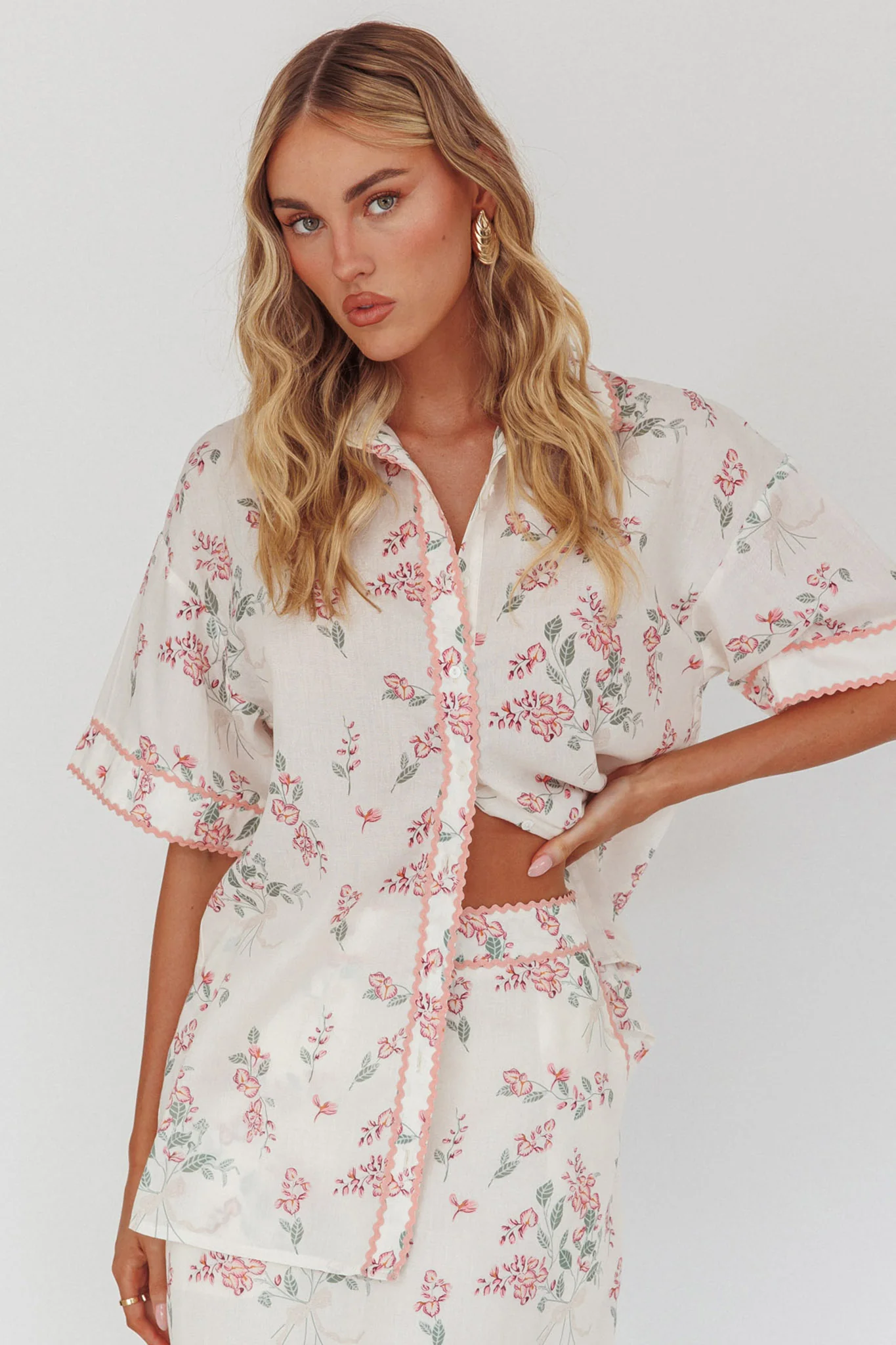Catherina Ric-Rac Trim Button-Up Shirt Floral Pink - Image 5