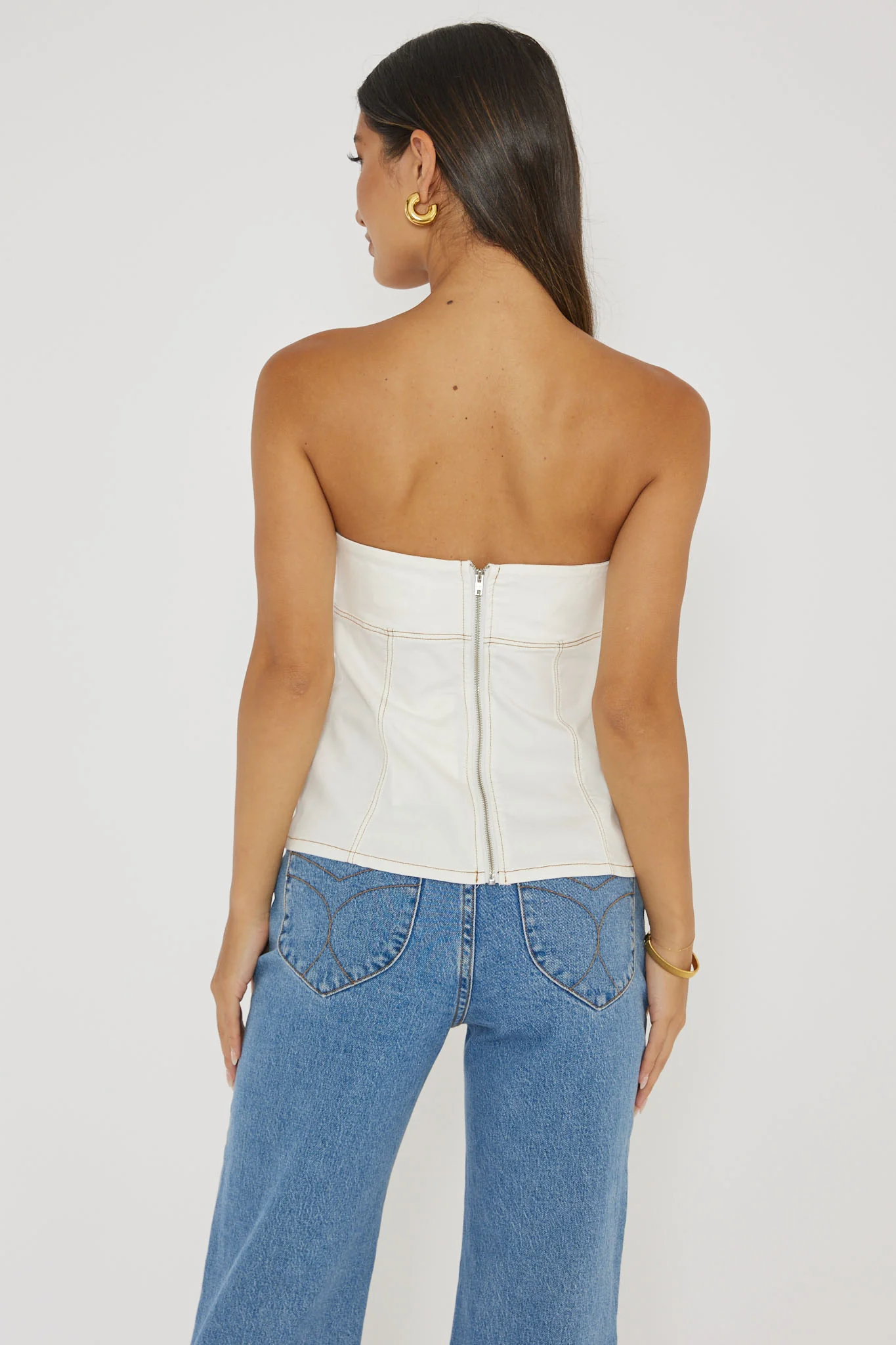 Cathlin Contrast Stitching Strapless Top White - Image 2