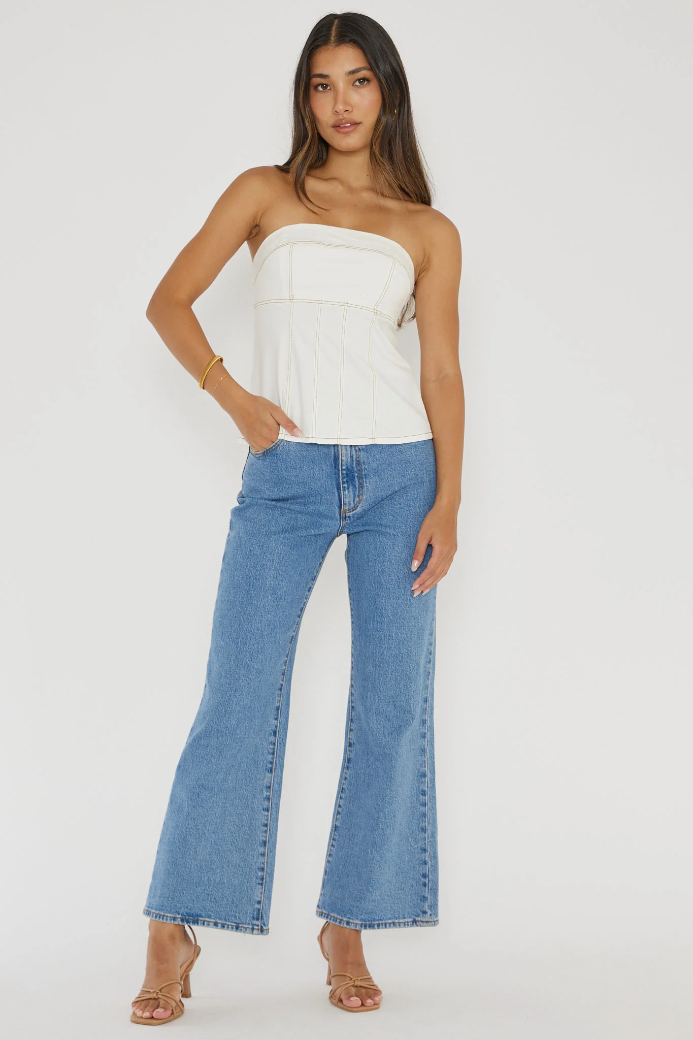Cathlin Contrast Stitching Strapless Top White - Image 3