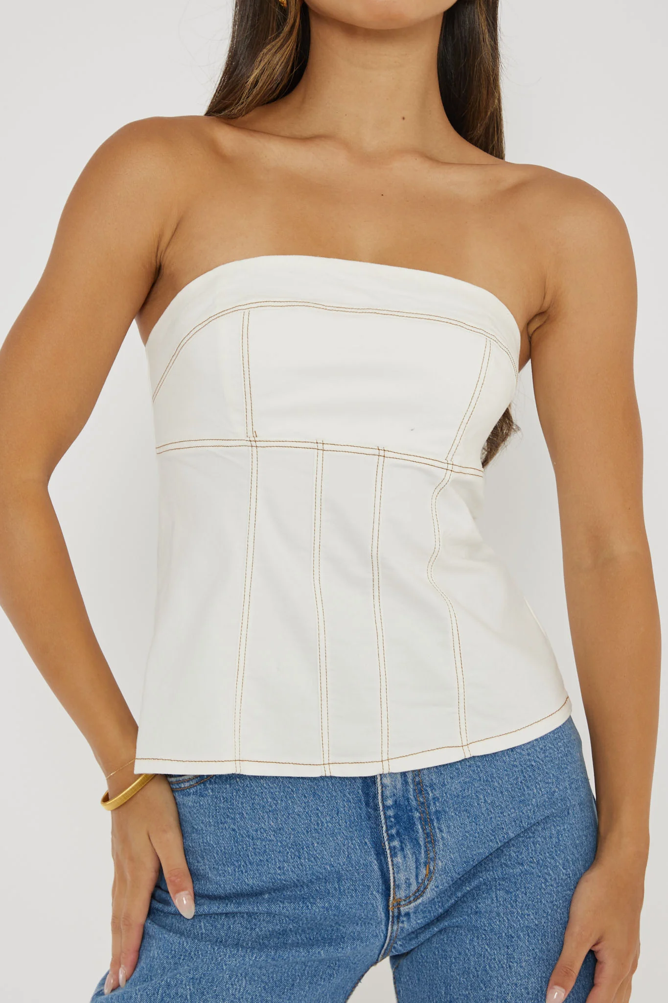 Cathlin Contrast Stitching Strapless Top White - Image 4