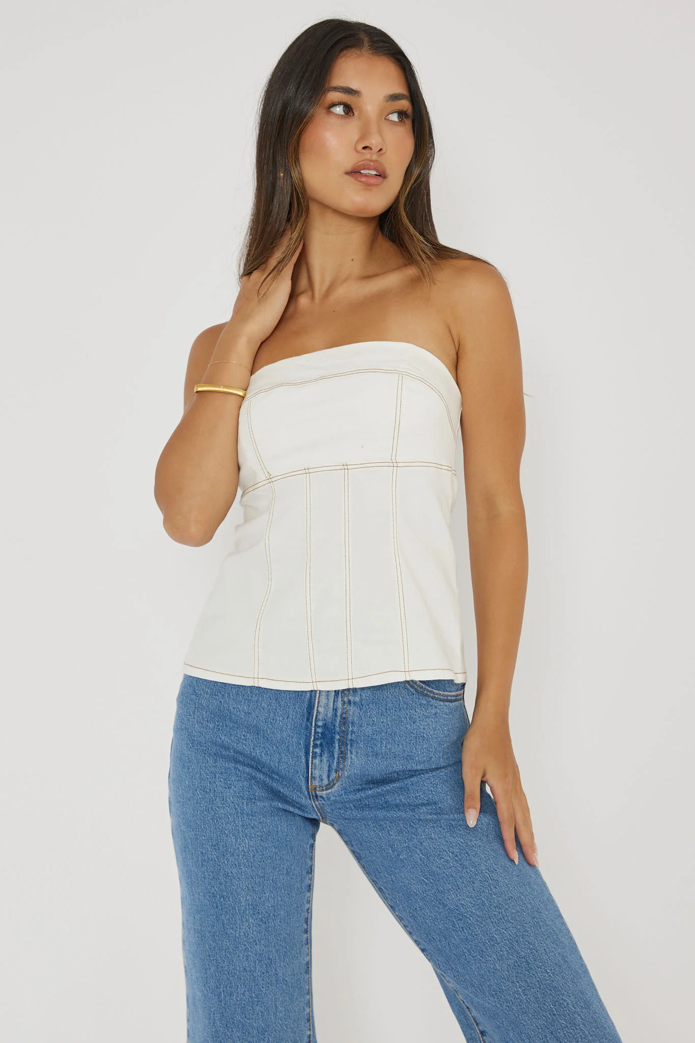 Cathlin Contrast Stitching Strapless Top White - Image 5