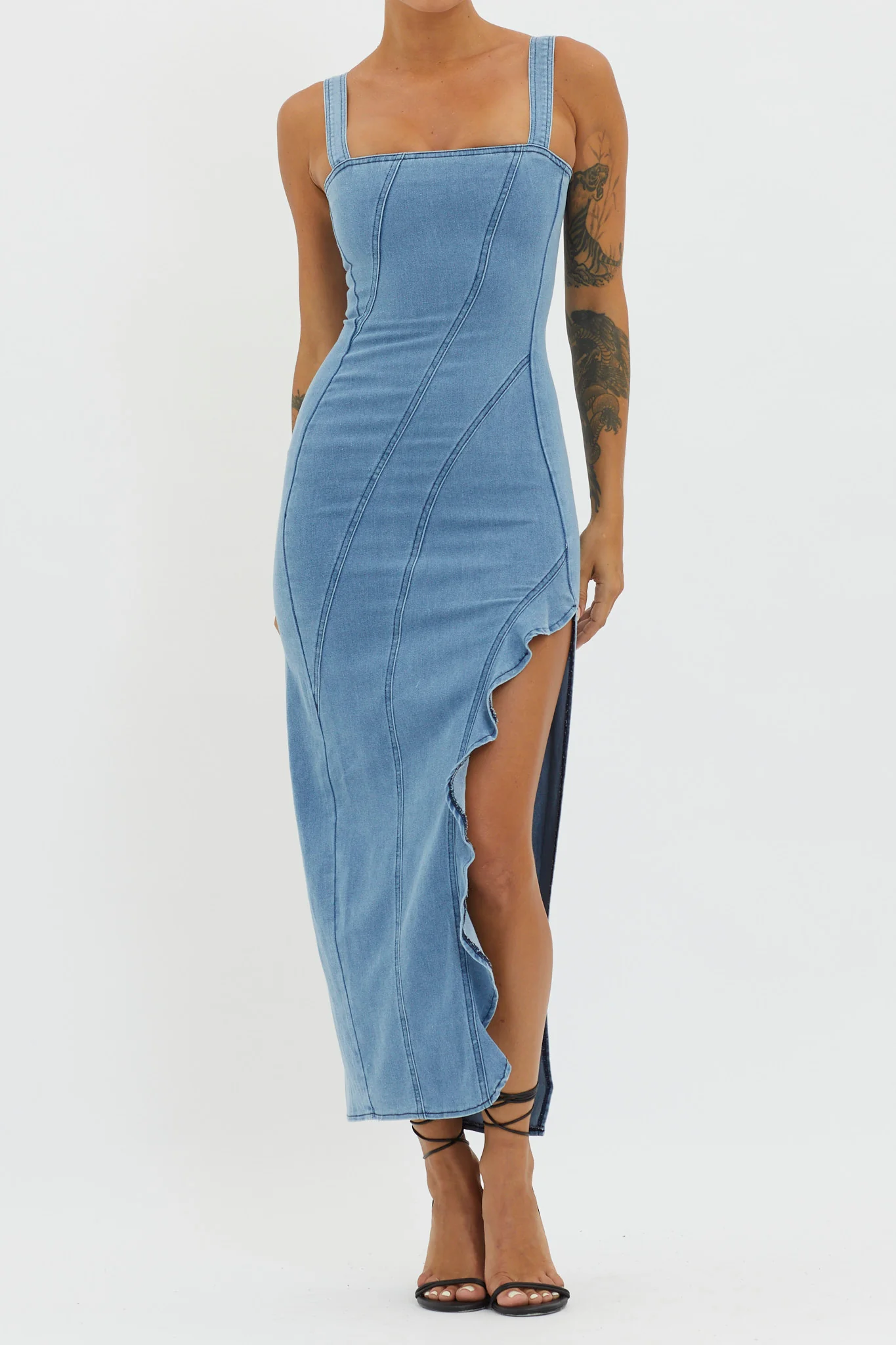 Catriona Ruffle Split Midi Dress Denim - Image 3