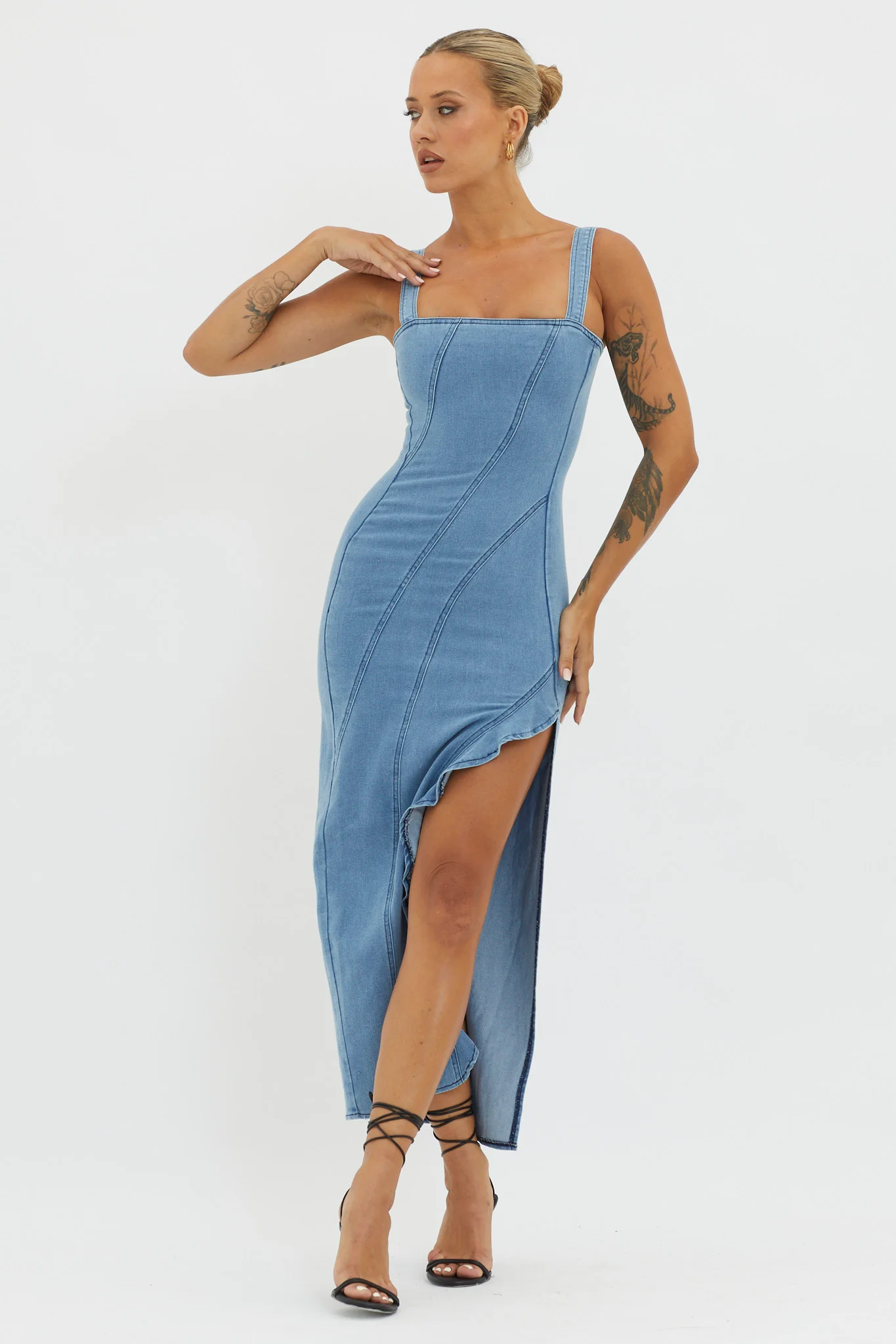 Catriona Ruffle Split Midi Dress Denim - Image 4