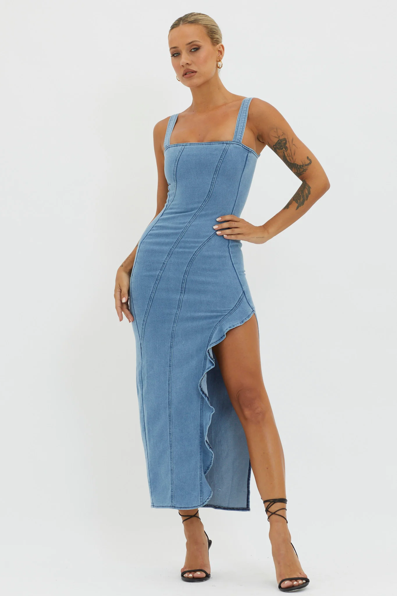 Catriona Ruffle Split Midi Dress Denim - Image 5