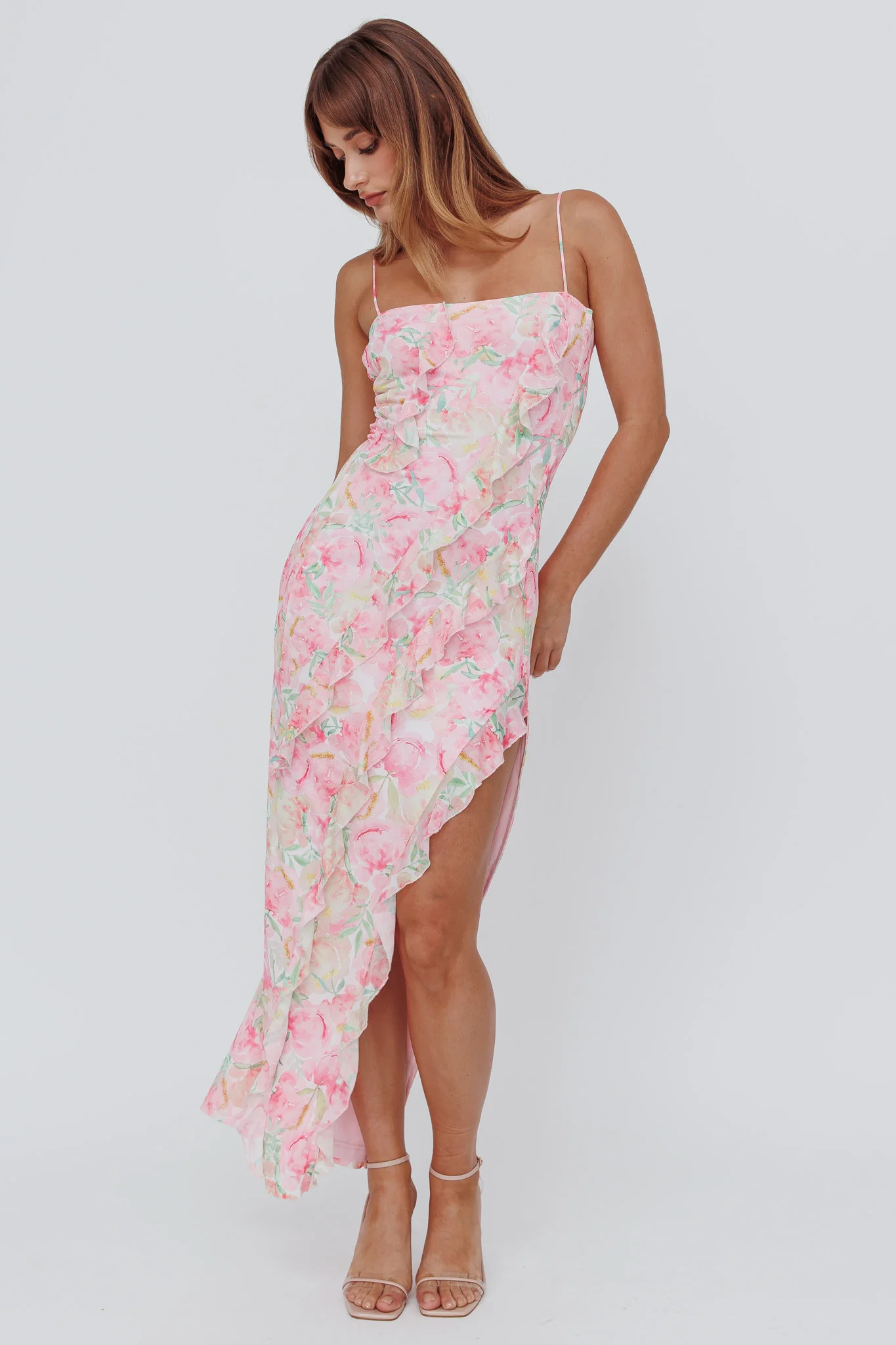 Catriona Split Ruffle Midi Dress Floral Yellow - Image 4