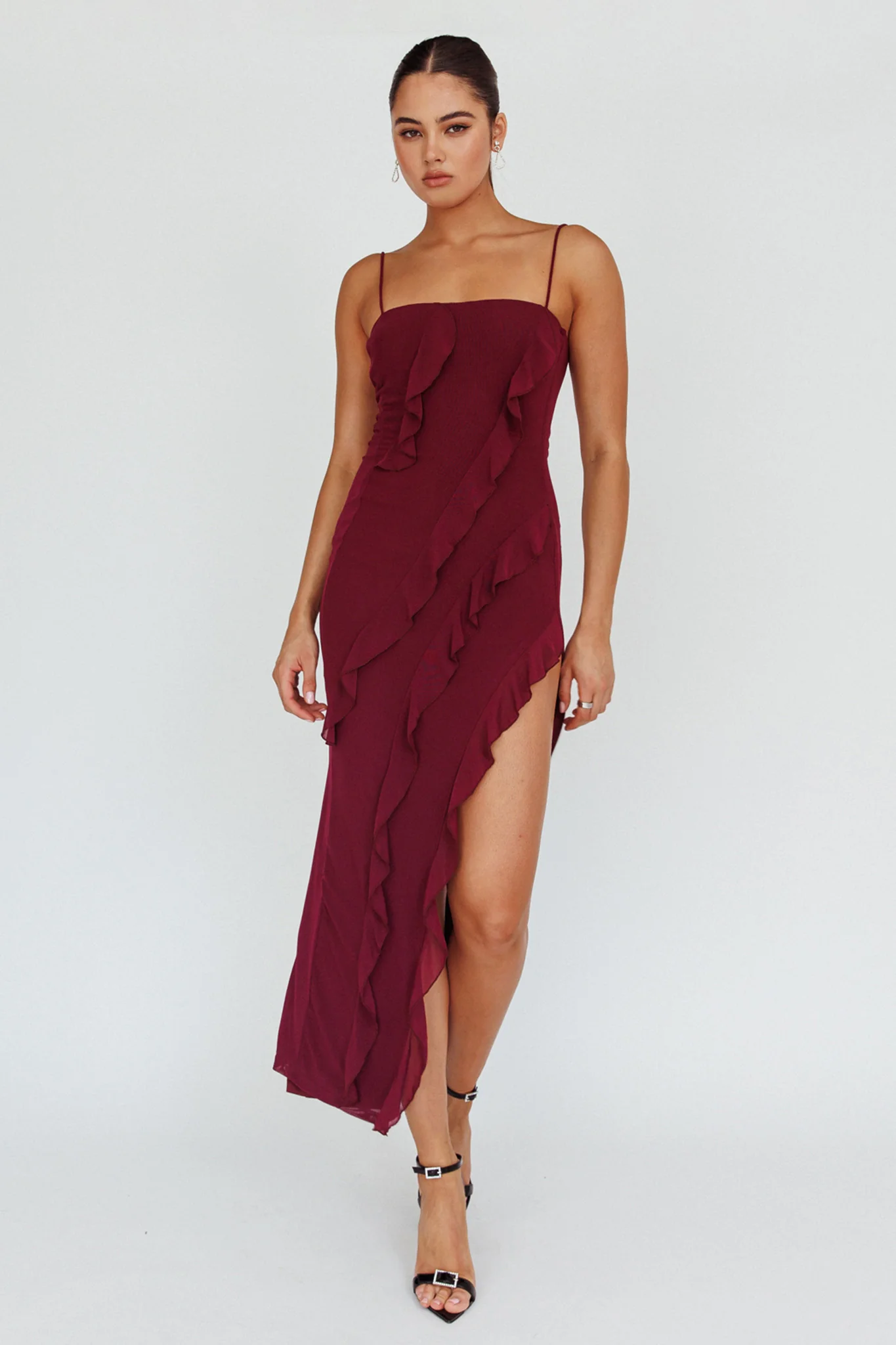 Catriona Split Ruffle Midi Dress Grape