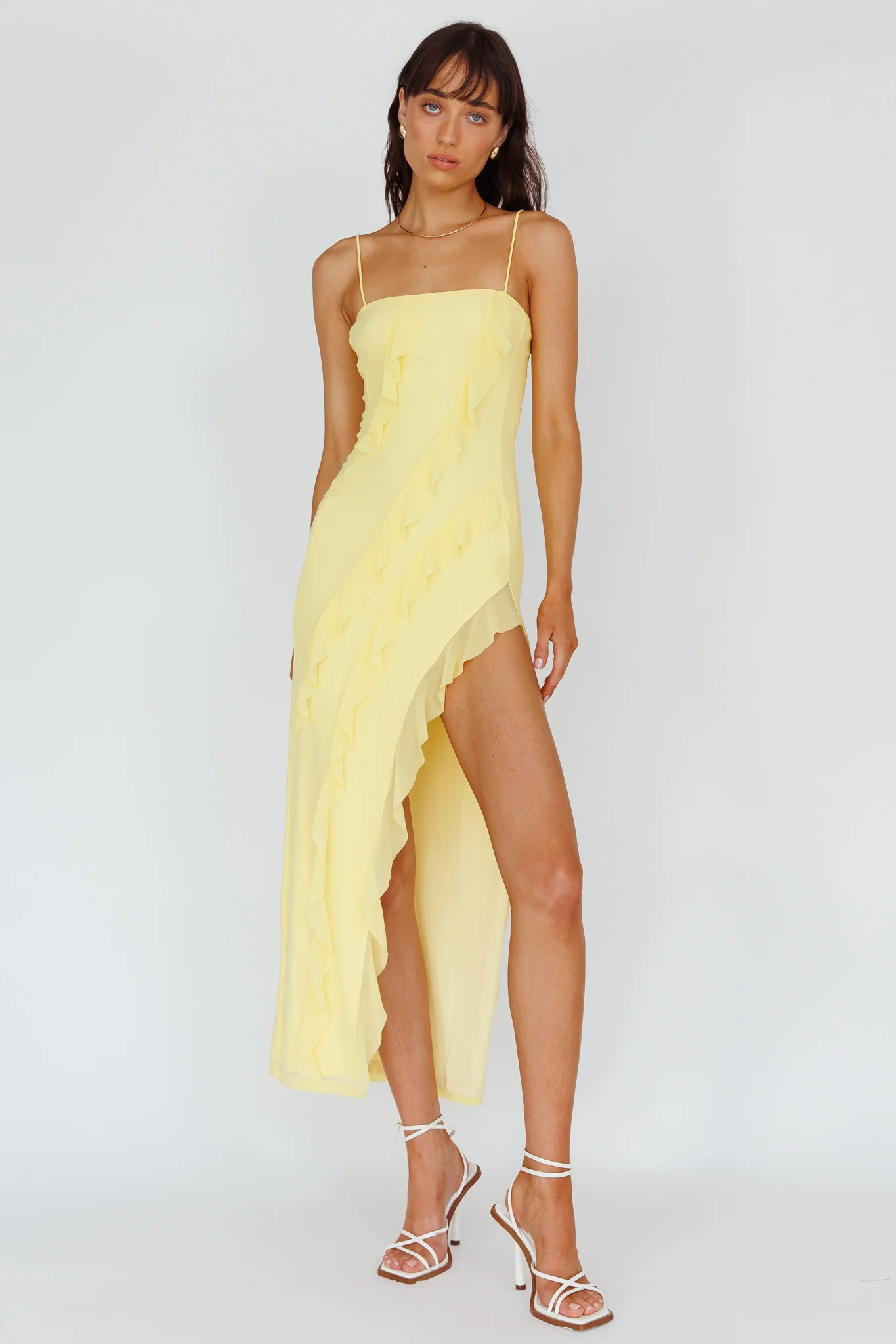 Catriona Split Ruffle Midi Dress Lemon - Image 5