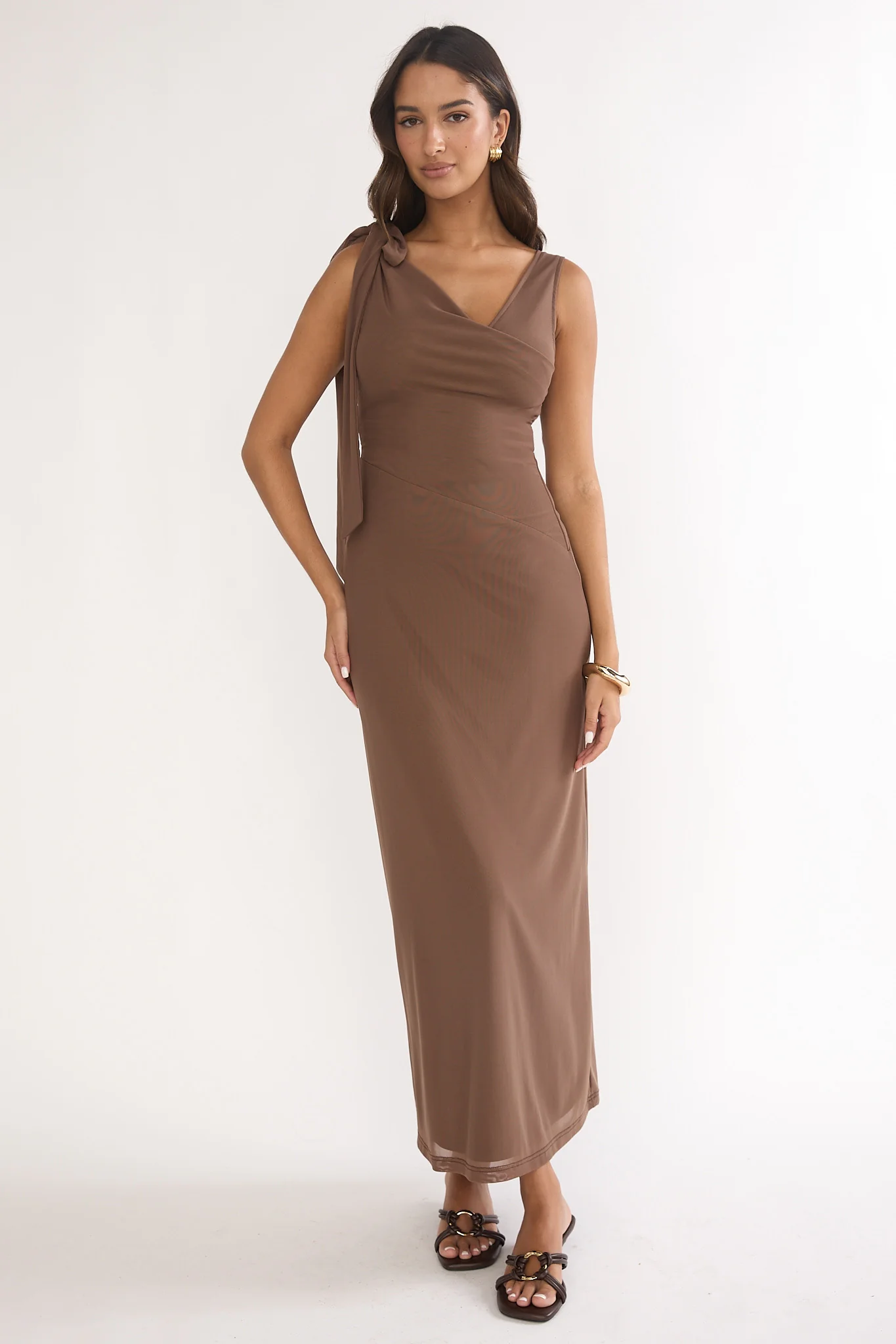 Cavelle Tie Shoulder Mesh Maxi Dress Chocolate - Image 4