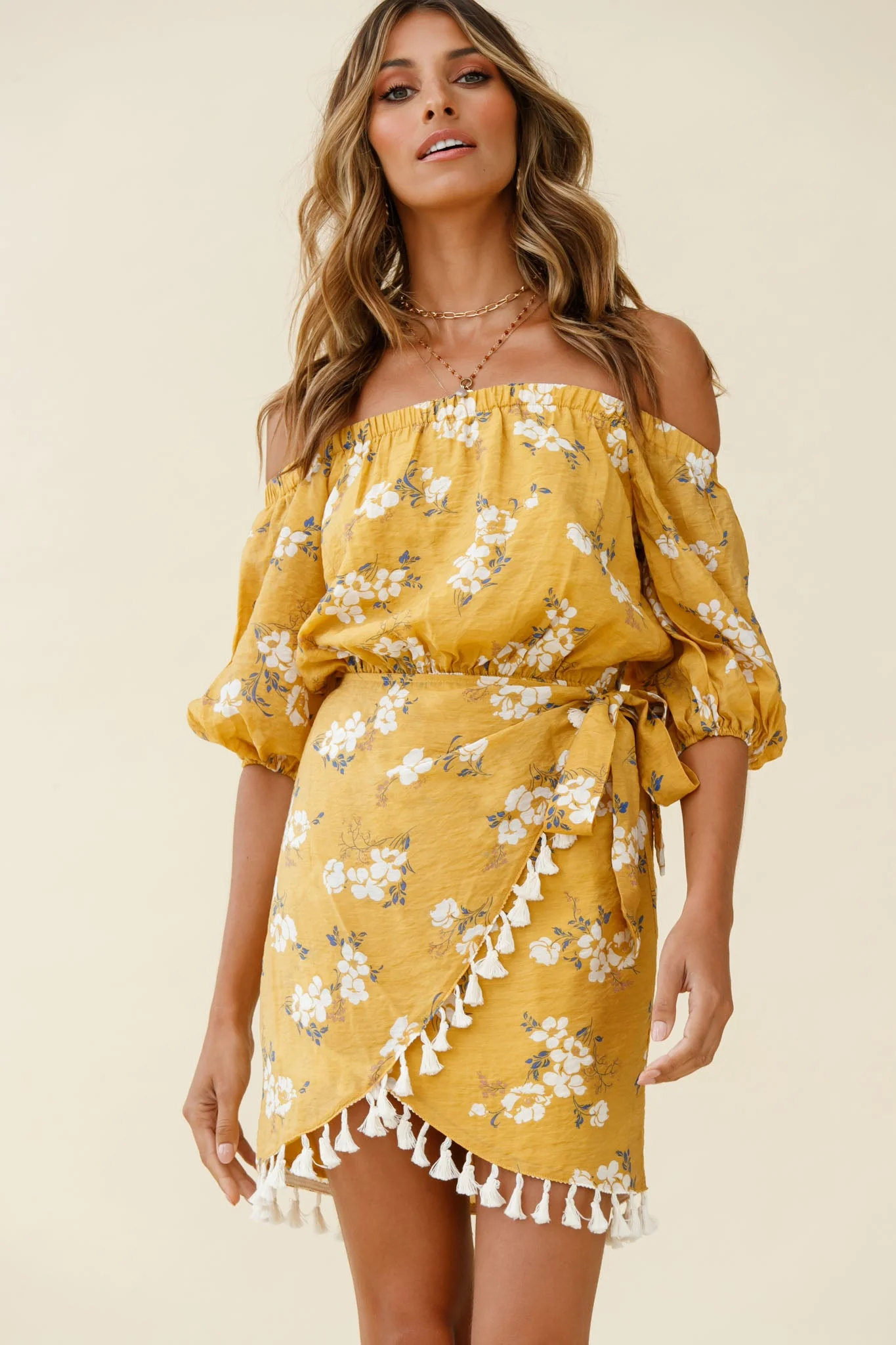 Cayman Tassel Trim Wrap Dress Floral Print Mustard - Image 5