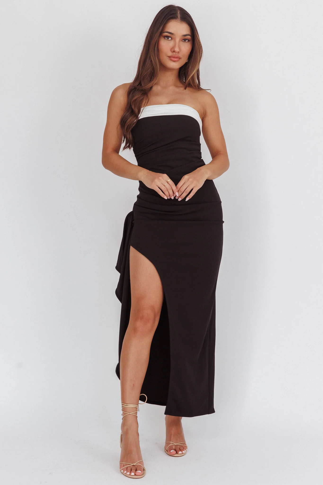 Cha Cha Strapless Thigh Split Dress Contrast Black - Image 5