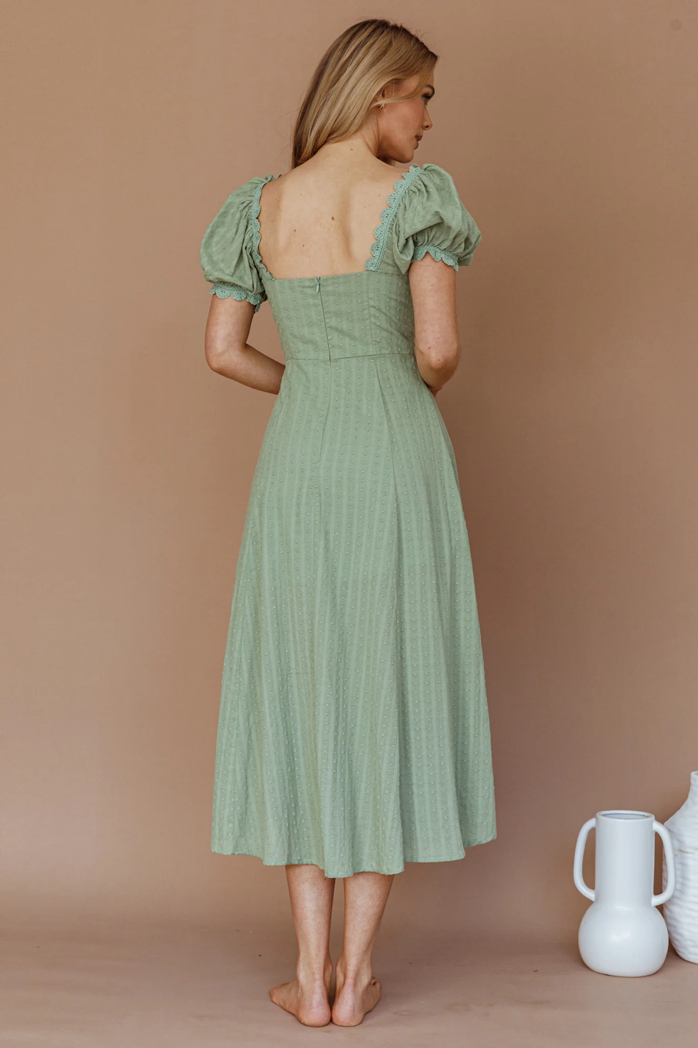 Chablis Gathered Bust Puff Sleeve Midi Dress Sage - Image 2