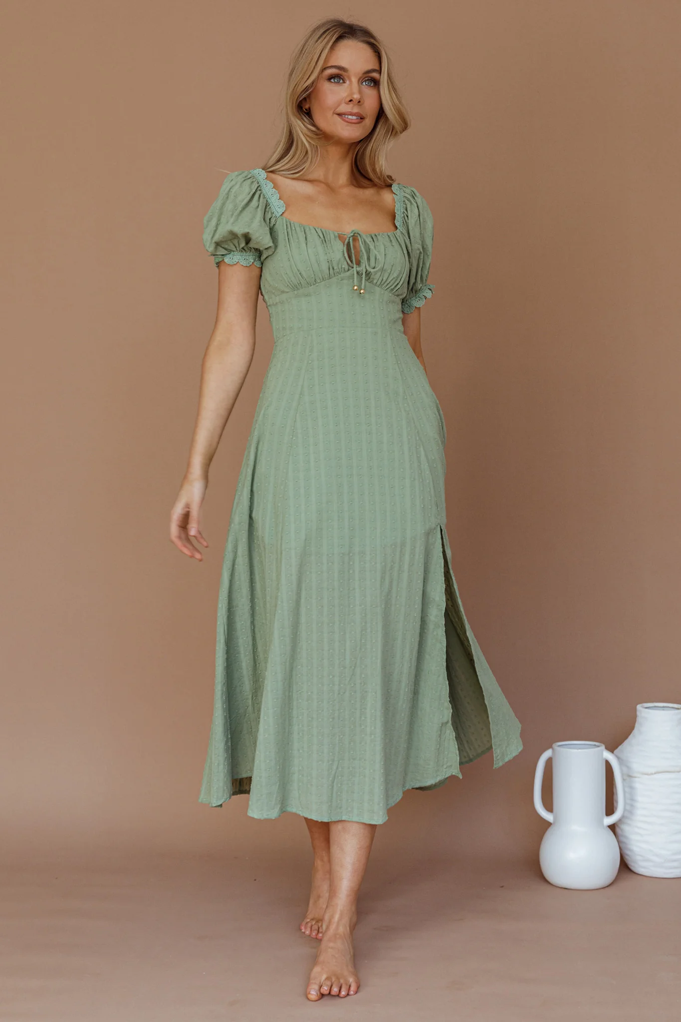Chablis Gathered Bust Puff Sleeve Midi Dress Sage - Image 3