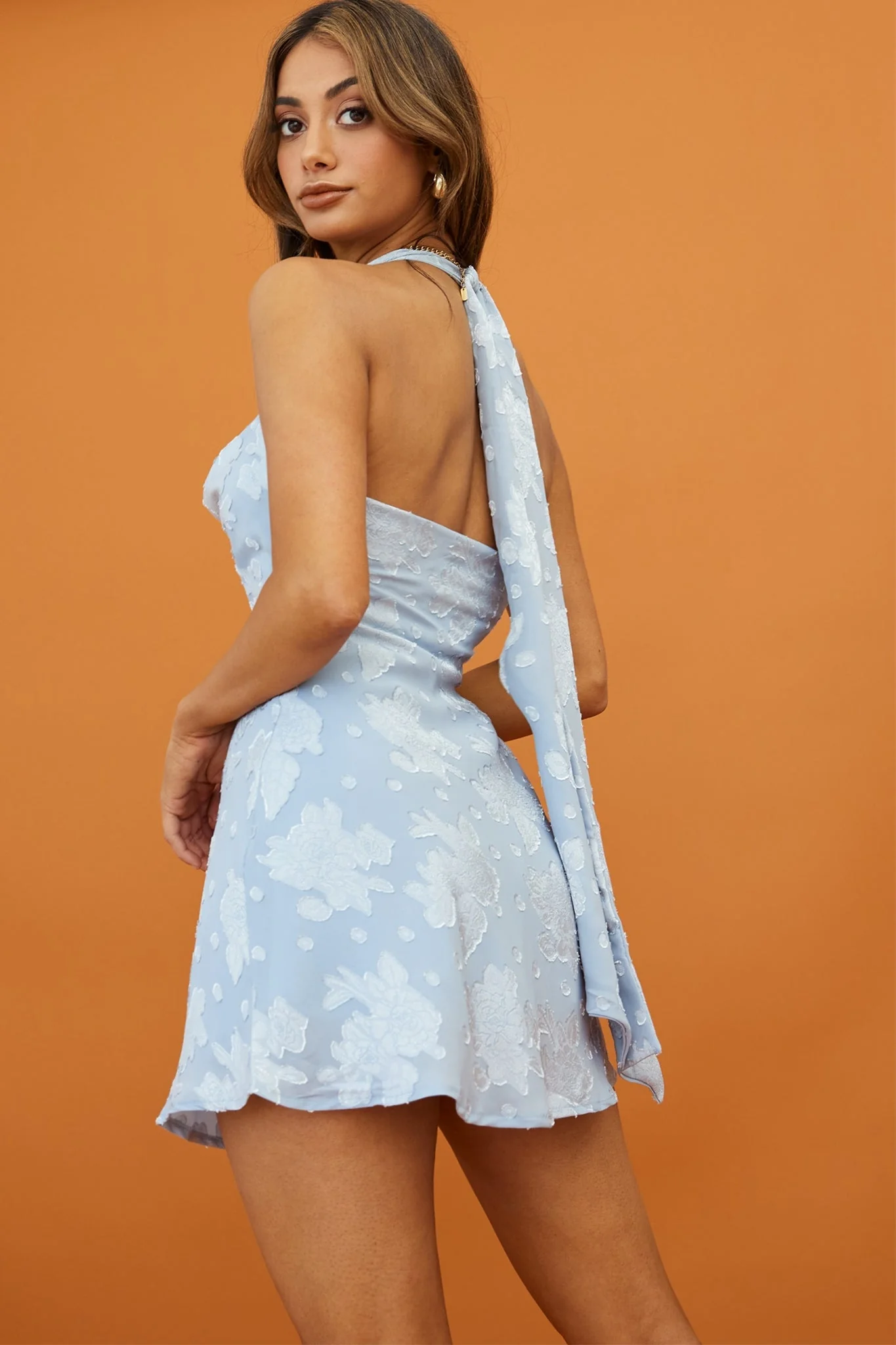 Champagne Showers Halterneck Slip Mini Dress Floral Pattern Blue - Image 3