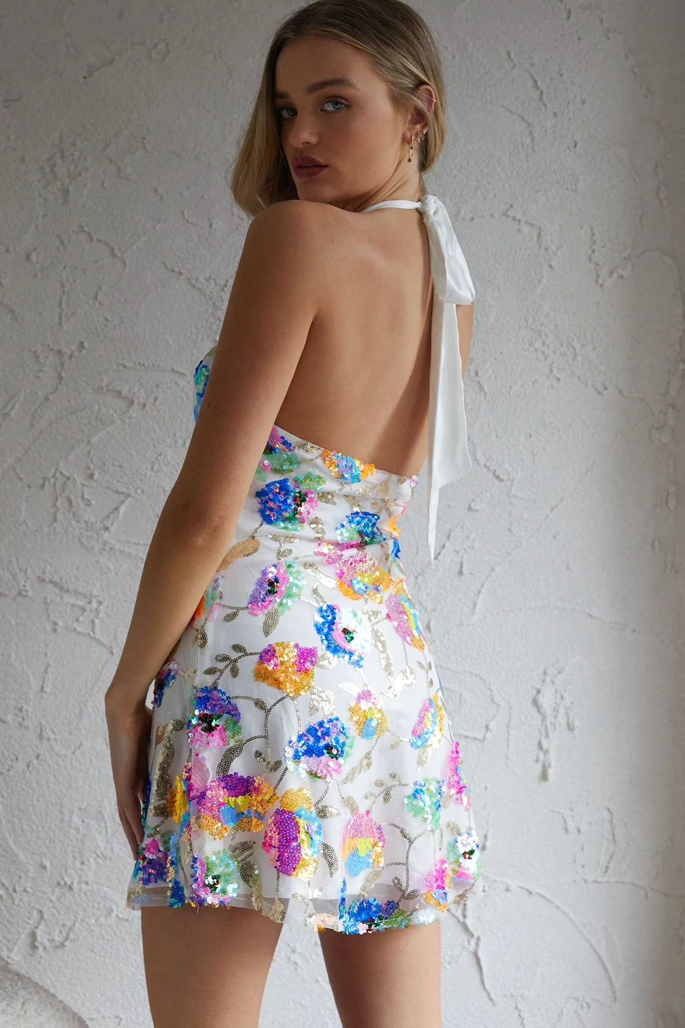 Champagne Showers Halterneck Slip Mini Dress Sequin Floral White - Image 3