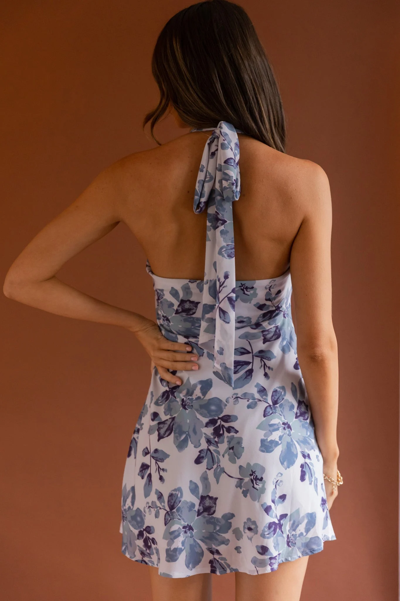 Champagne Showers Halterneck Slip Mini Dress Watercolor Floral Print Grey - Image 2