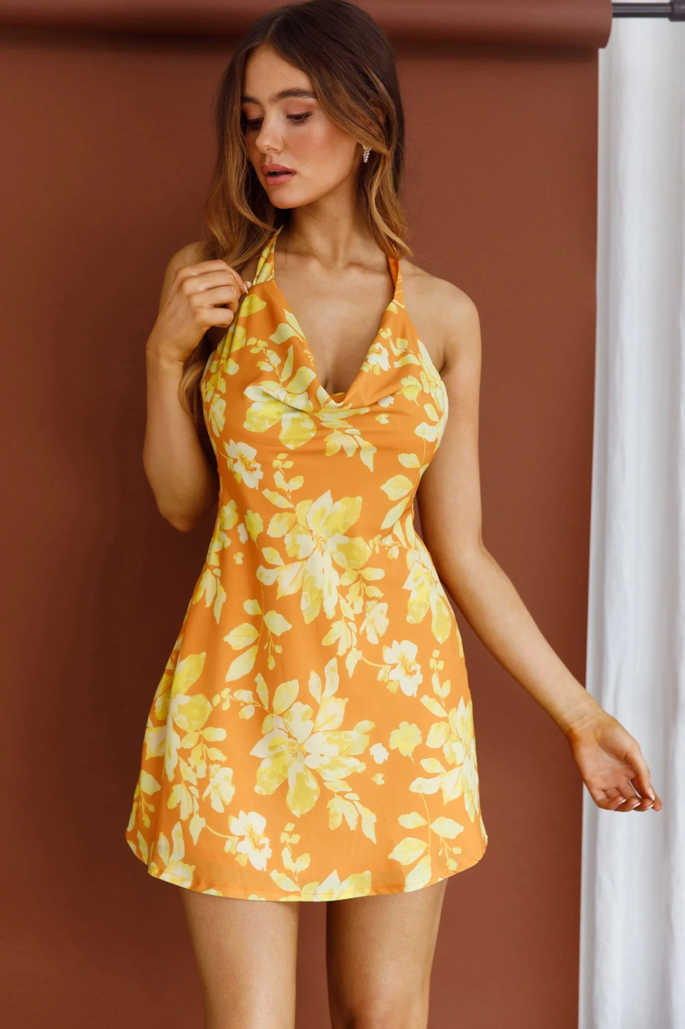 Champagne Showers Halterneck Slip Mini Dress Watercolor Floral Print Yellow - Image 6