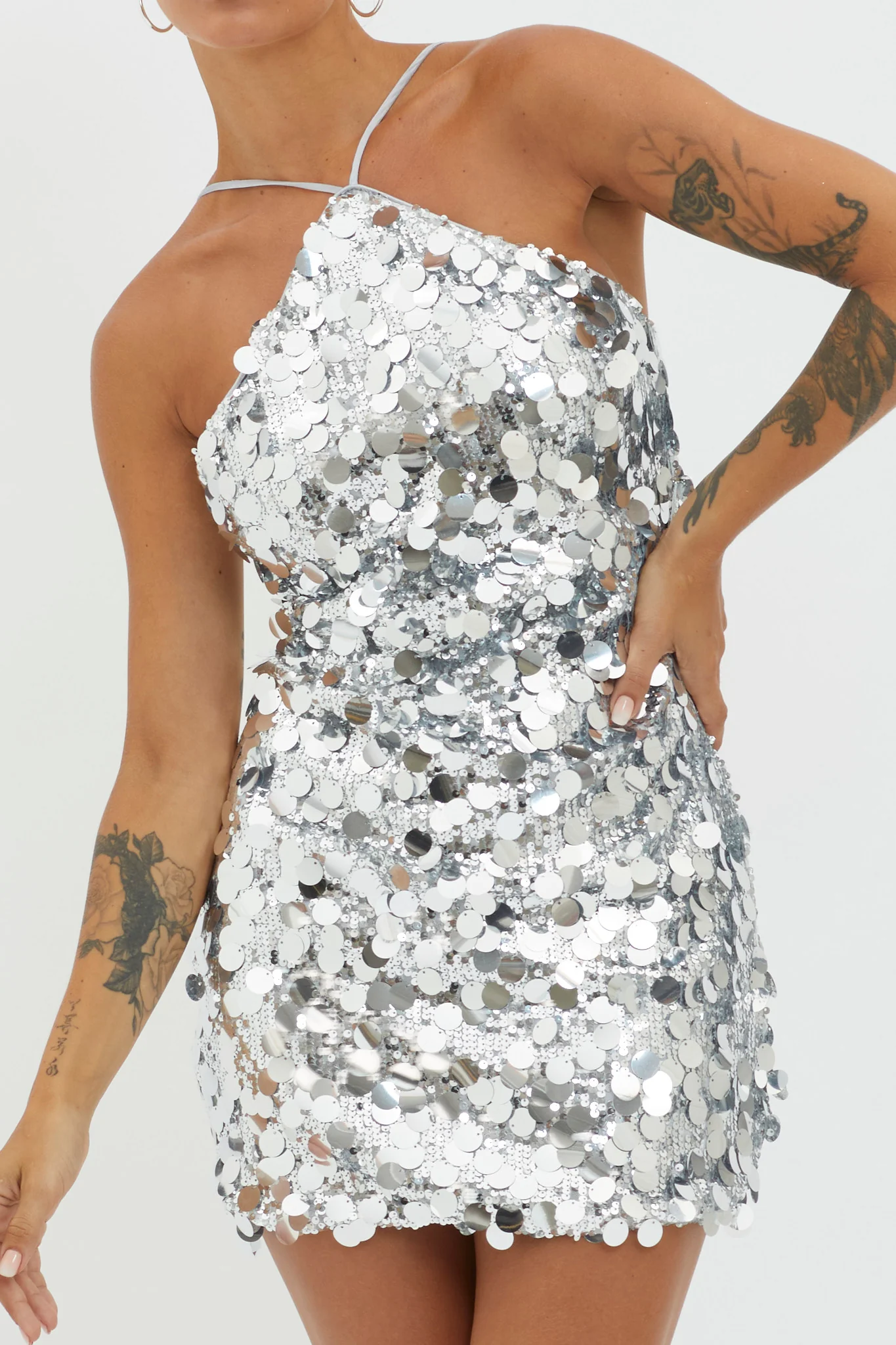Champagne Twist Sequin Mini Dress Silver - Image 4