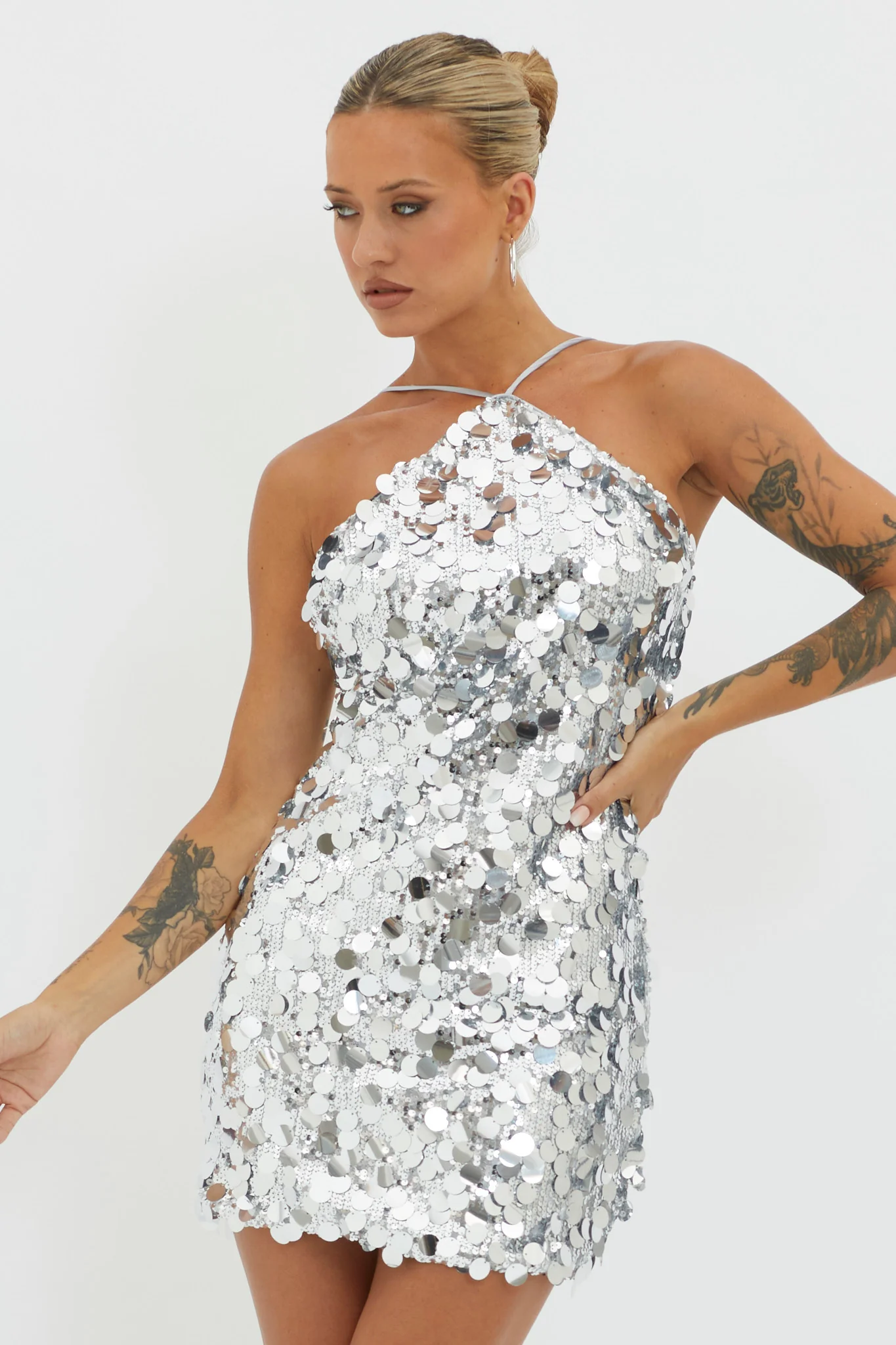 Champagne Twist Sequin Mini Dress Silver - Image 6