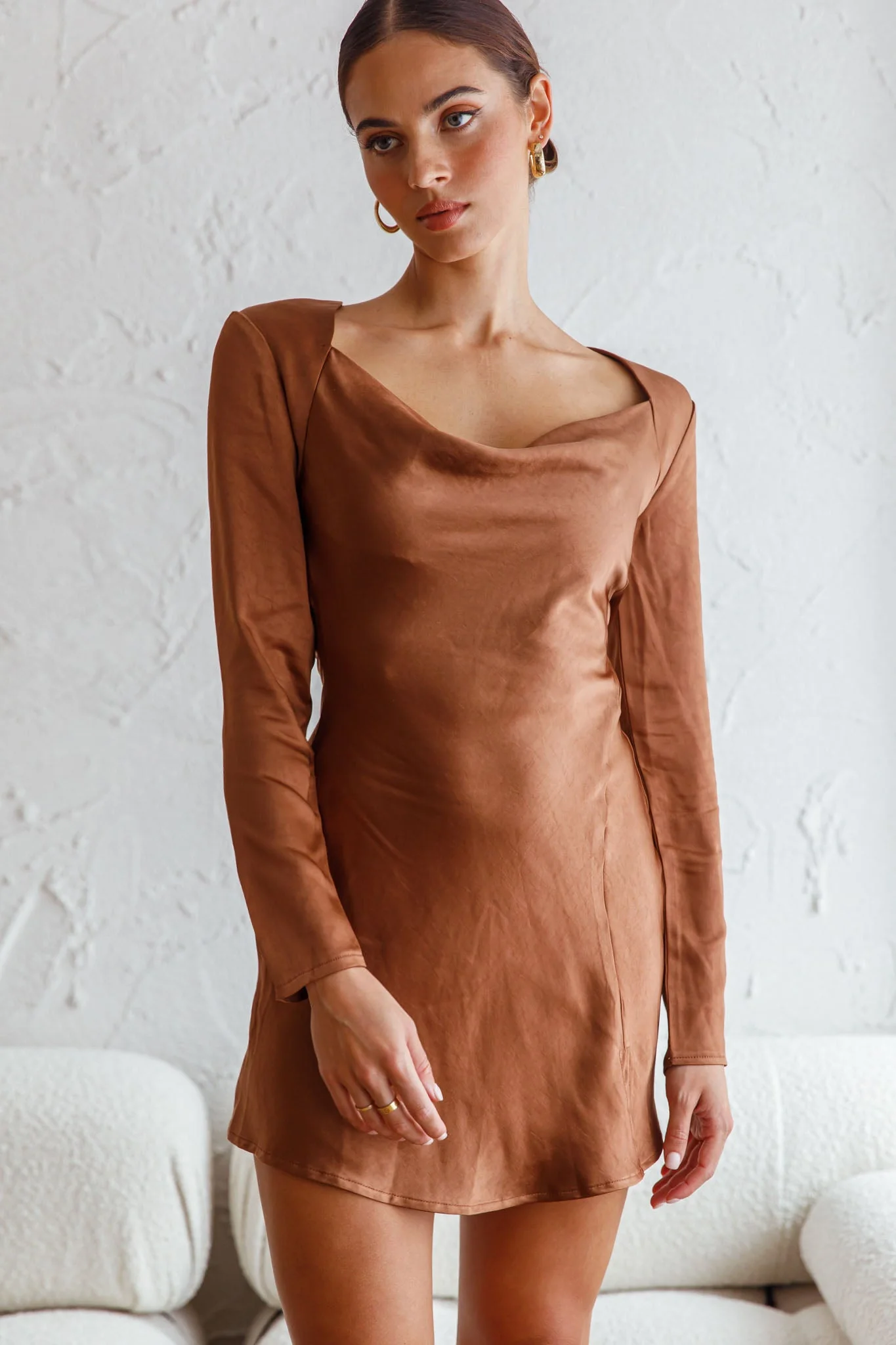 Champs Elysees Long Sleeve Open Back Mini Dress Chocolate - Image 4
