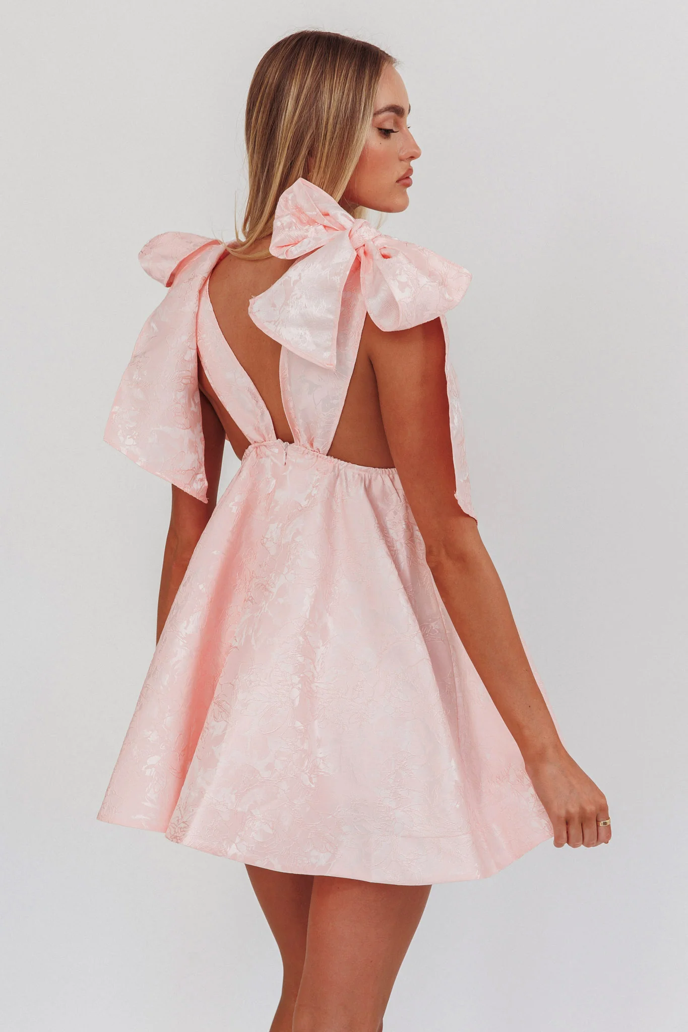 Chantilly Tied Shoulder Jacquard Mini Dress Blush - Image 3