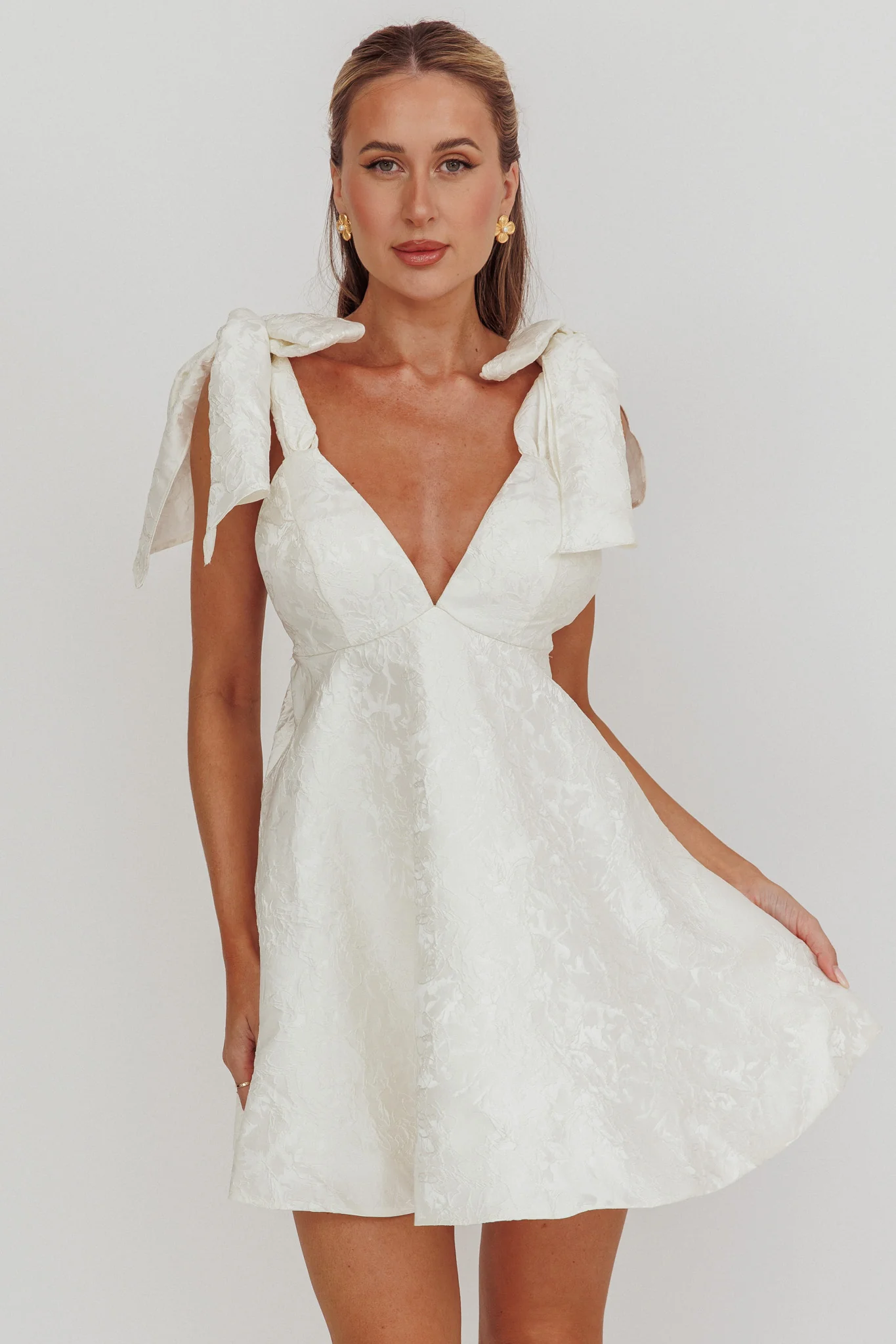 Chantilly Tied Shoulder Jacquard Mini Dress White - Image 5