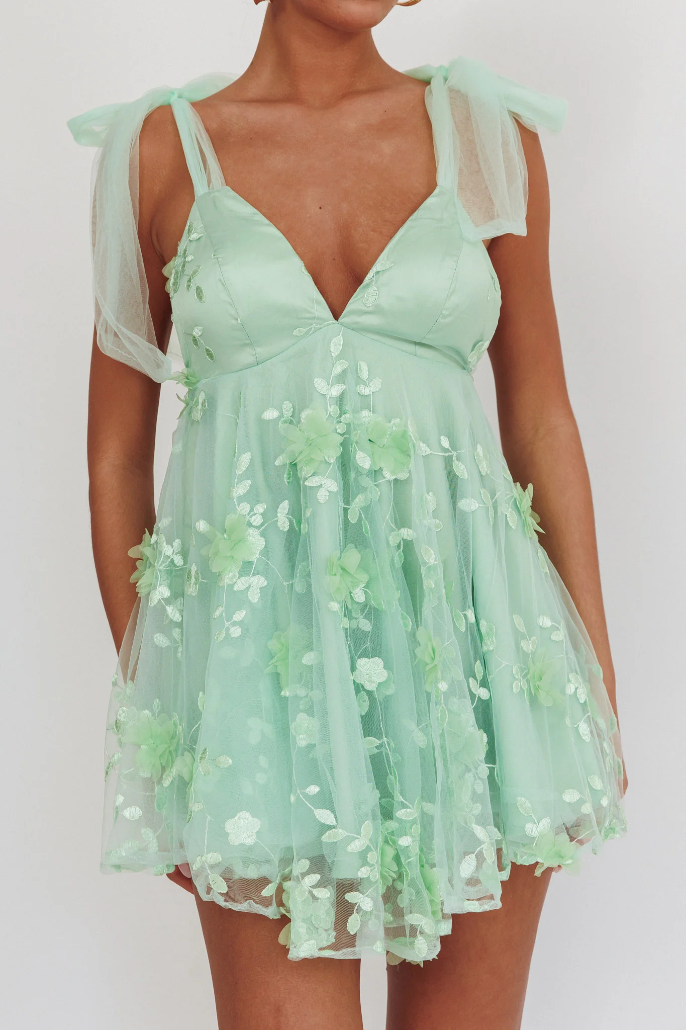 Chantilly Tied Shoulder Mini Dress Sage - Image 3